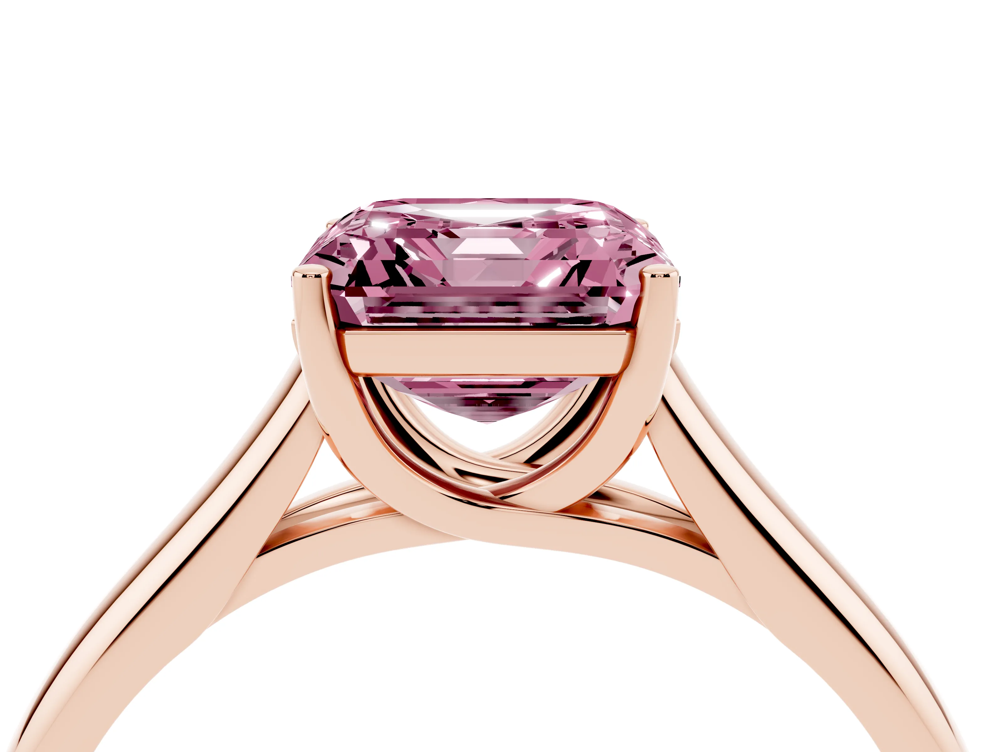 Fancy Pink Asscher Cut Diamond Solitaire Engagement Ring Set in Rose gold with Subtly Tapered Band and Prong Setting
