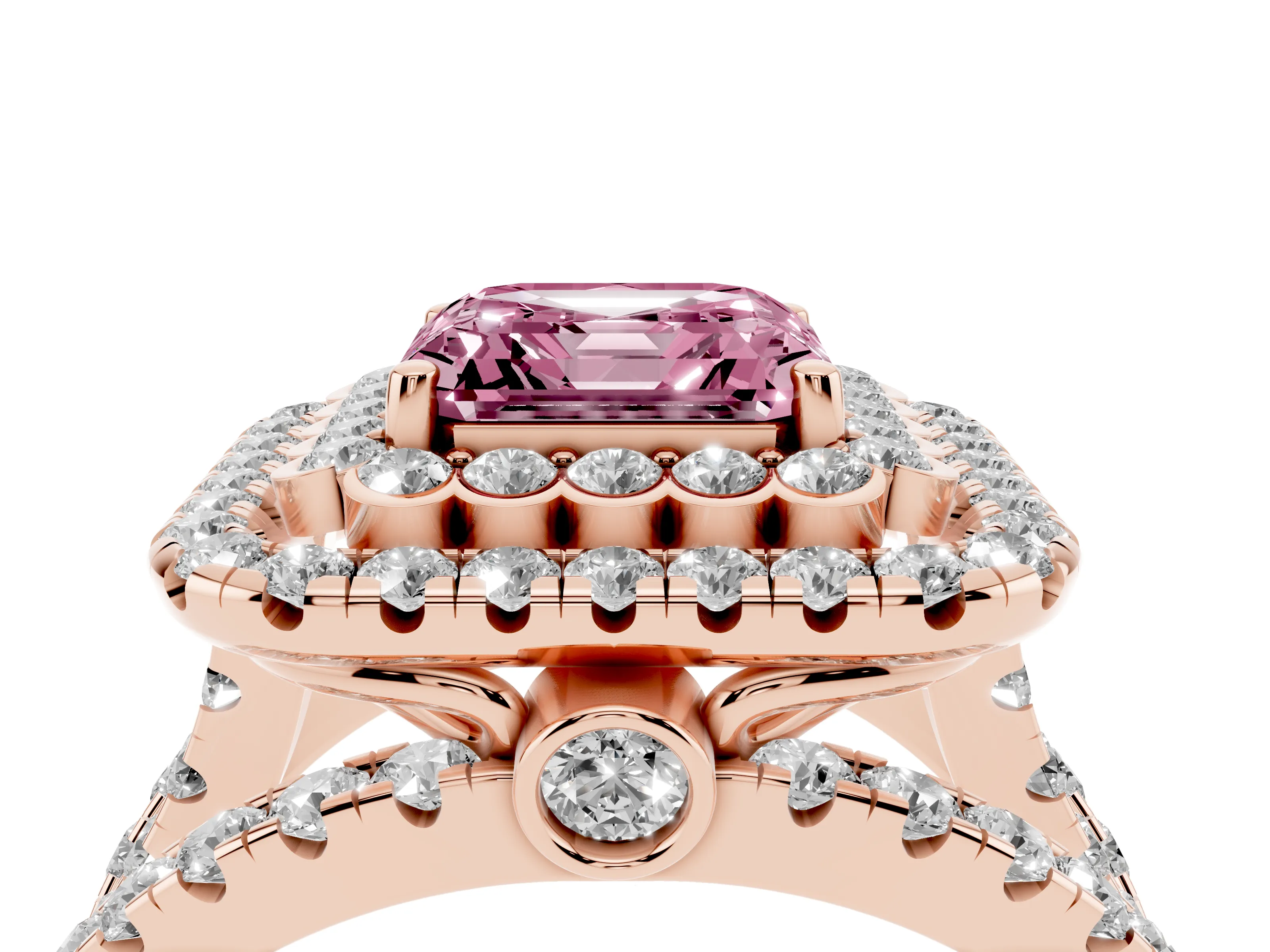 Fancy Pink Asscher Cut Diamond Double Halo Ring Set in Rose gold with Round Pavé Split Shank