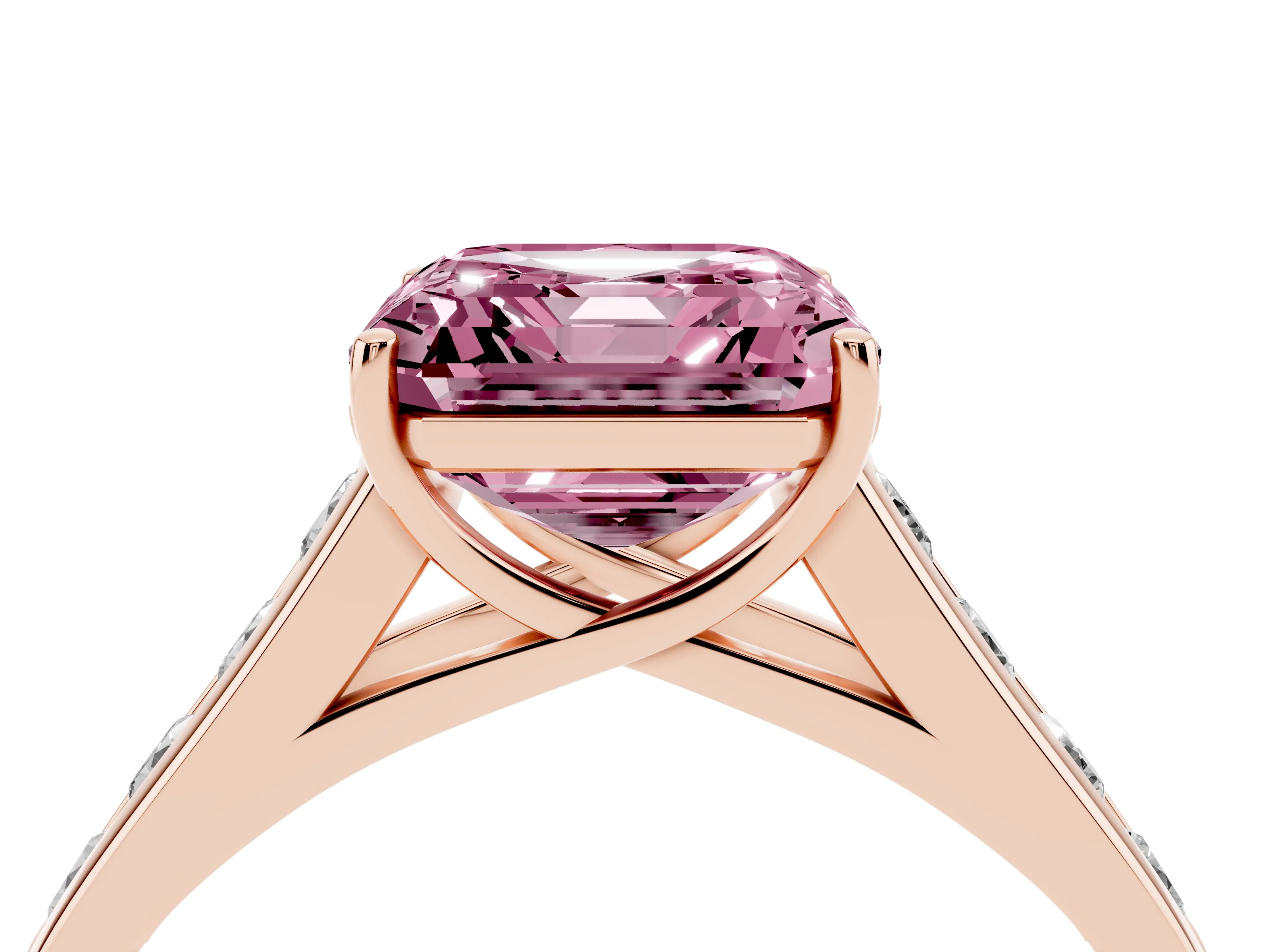 Fancy Pink Asscher Cut Diamond Brilliant Channel-Set Solitaire Ring Set in Rose gold with Prong Setting