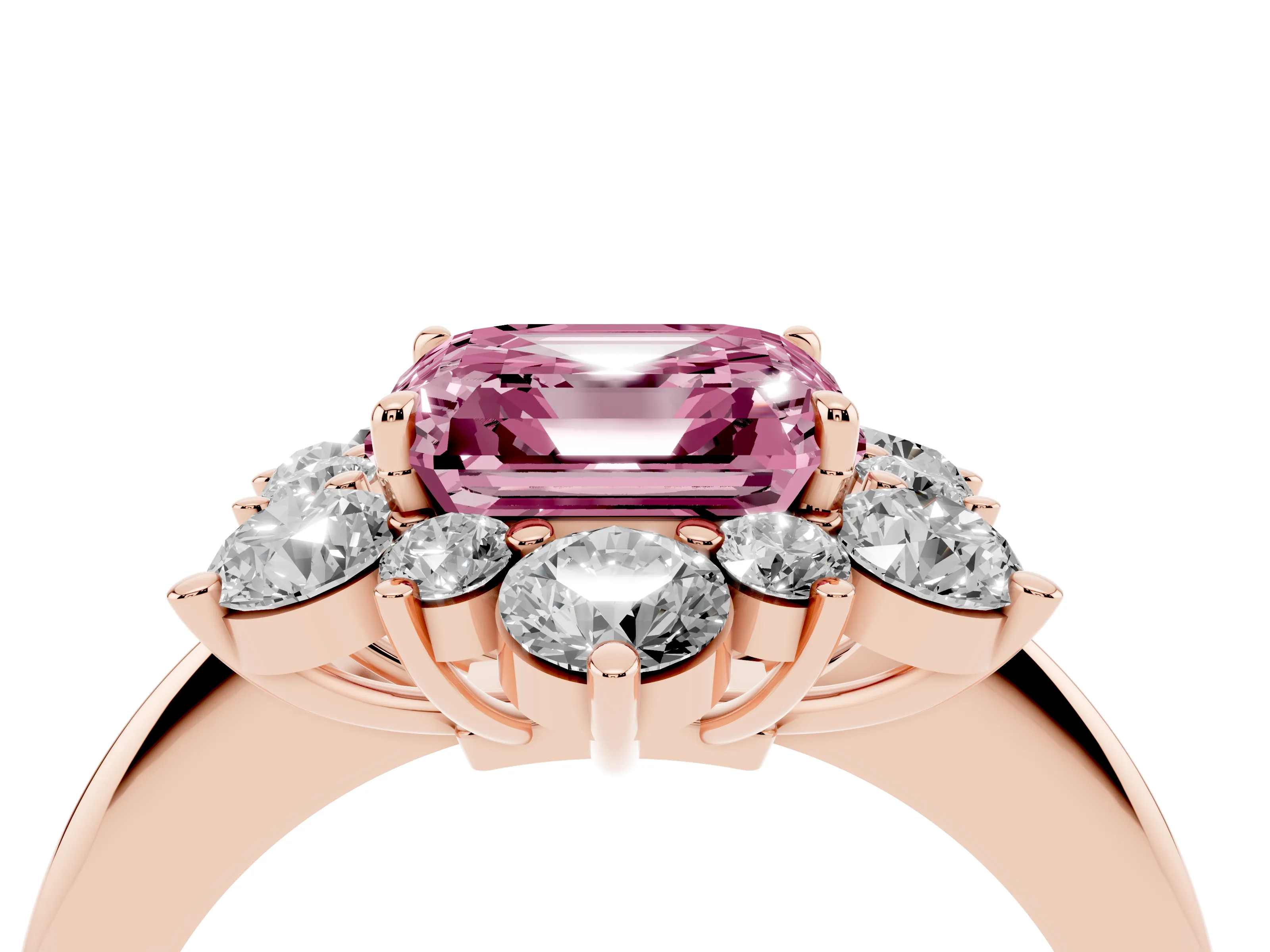 Fancy Pink Asscher Cut Diamond Cluster Halo Ring Set in Rose gold with Solitaire Band and Prong Setting