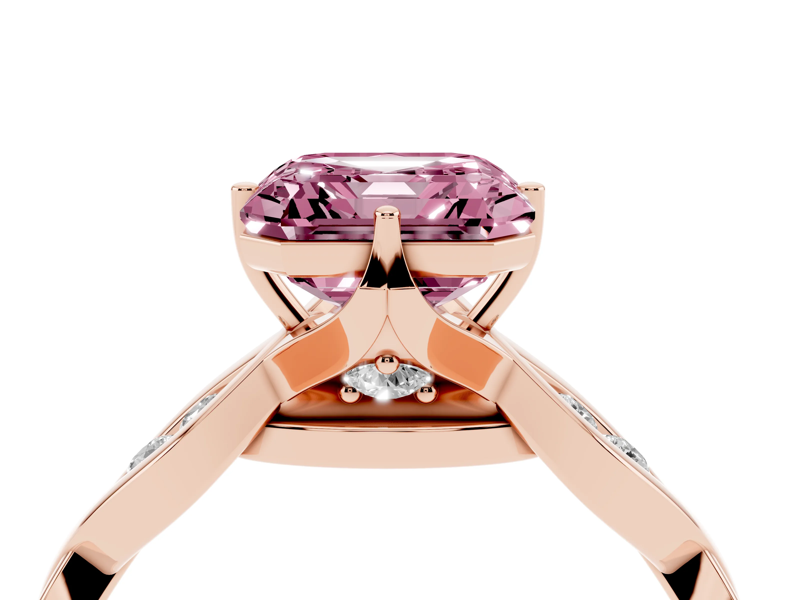 Fancy Pink Asscher Cut Diamond Twist Band Solitaire Ring Set in Rose gold with Leaf Prong Setting and Accent Stones