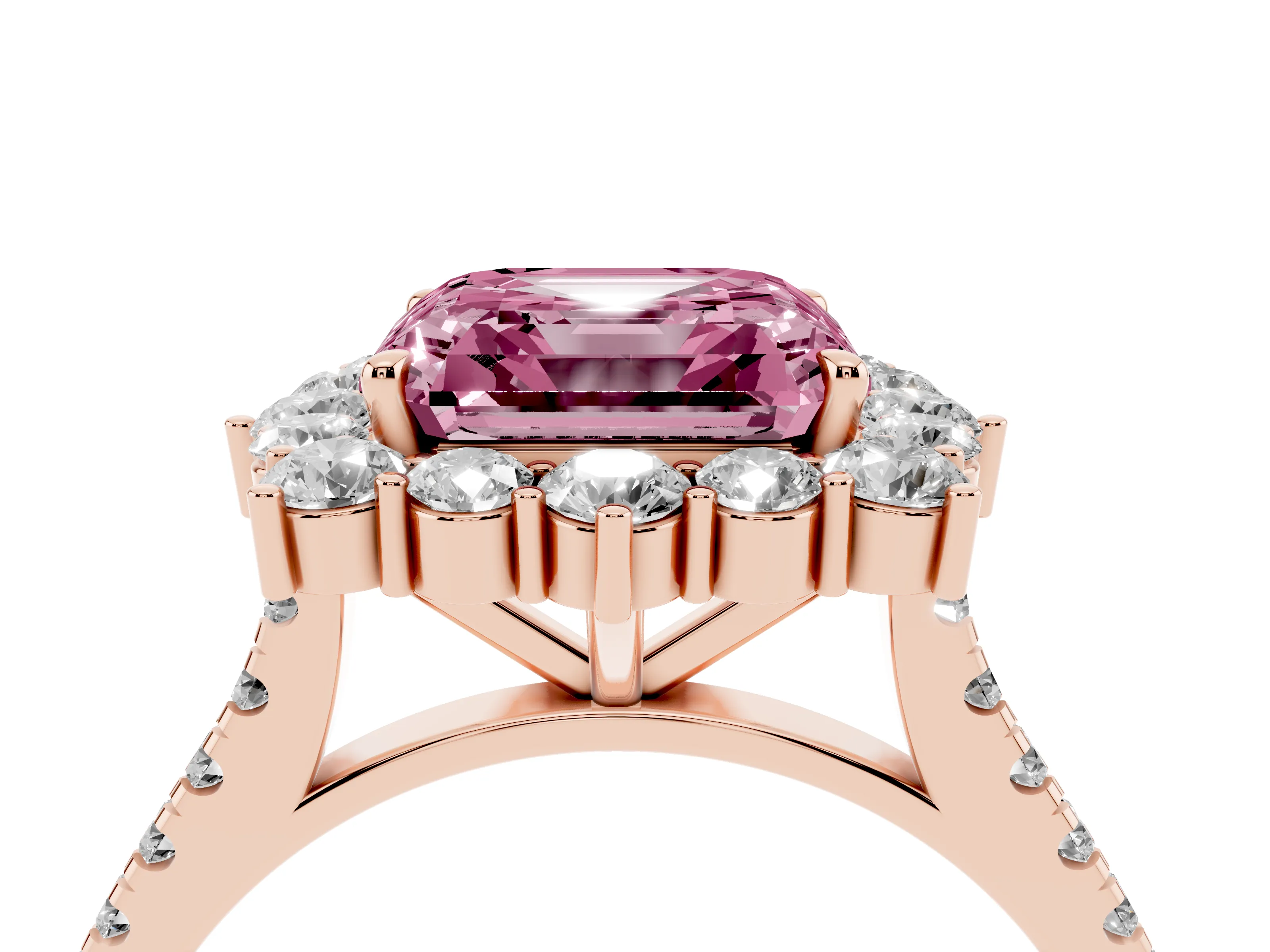 Fancy Pink Asscher Cut Diamond Halo Ring Set in Rose gold with Pavé Band and Prong Setting