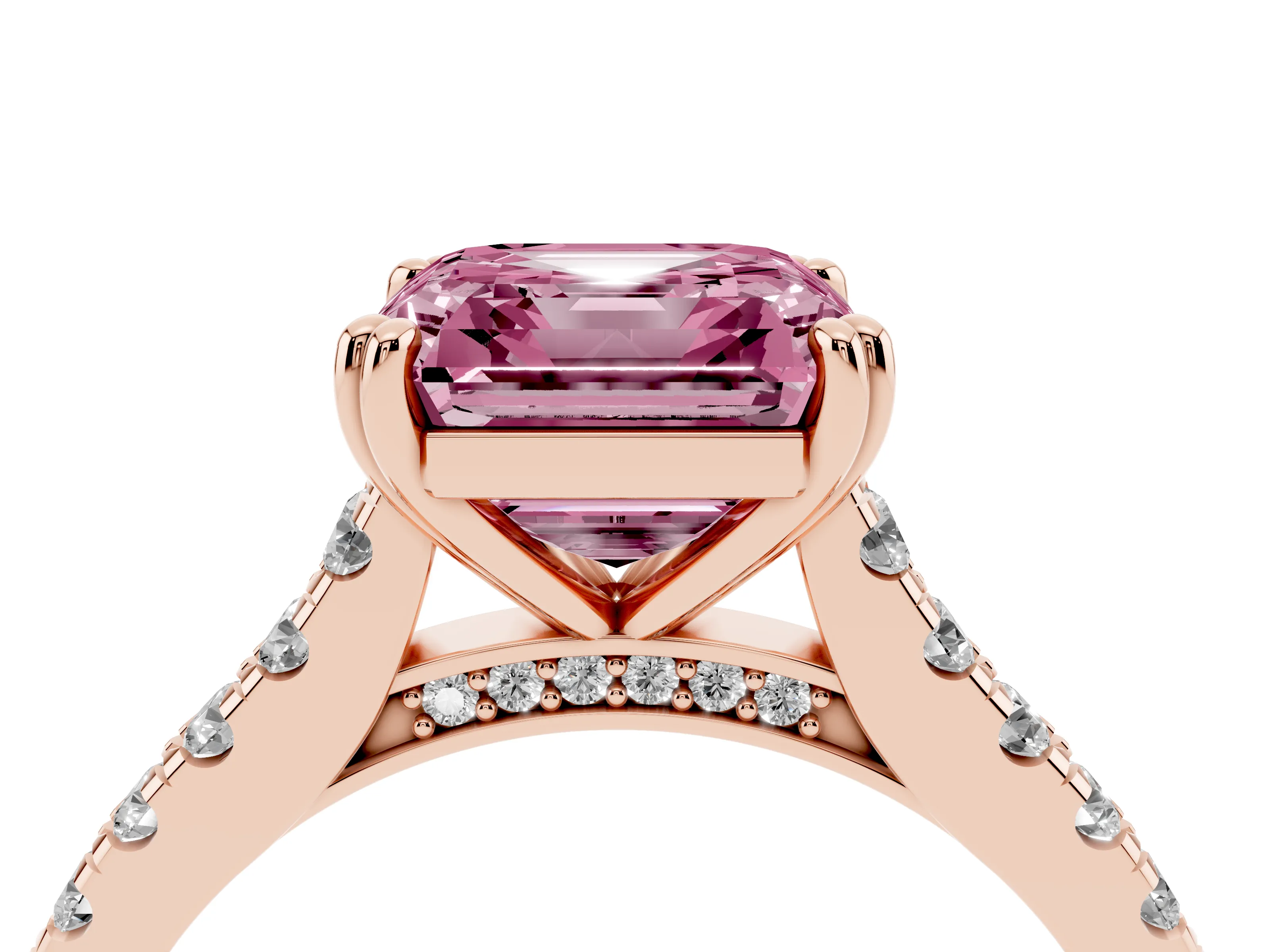 Fancy Pink Asscher Cut Diamond Solitaire Engagement Ring Set in Rose gold with Pavé Accents and Prong Setting
