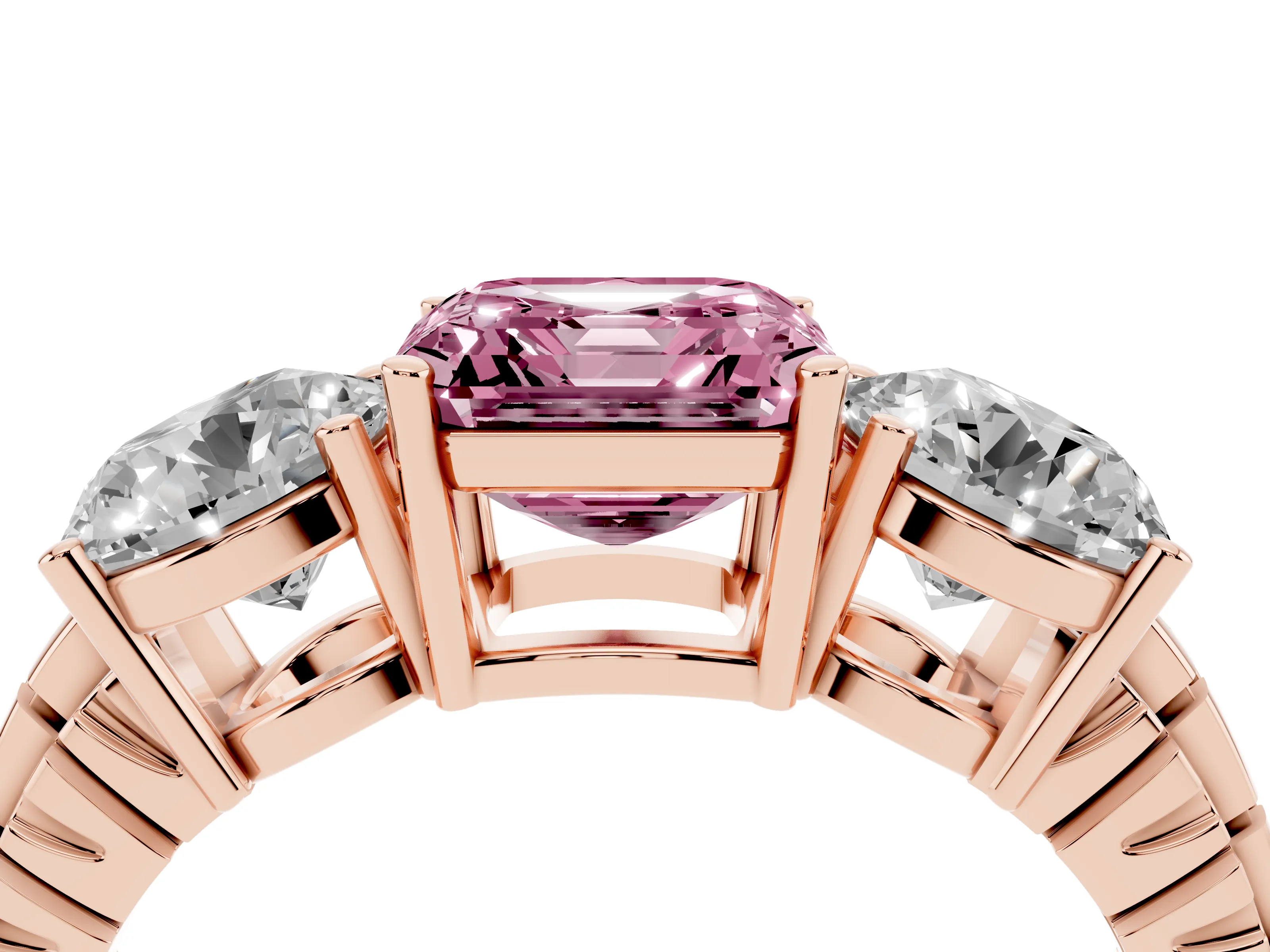 Fancy Pink Asscher Cut Diamond Three-Stone Ring Set in Rose gold with Channel-Set Accent Band