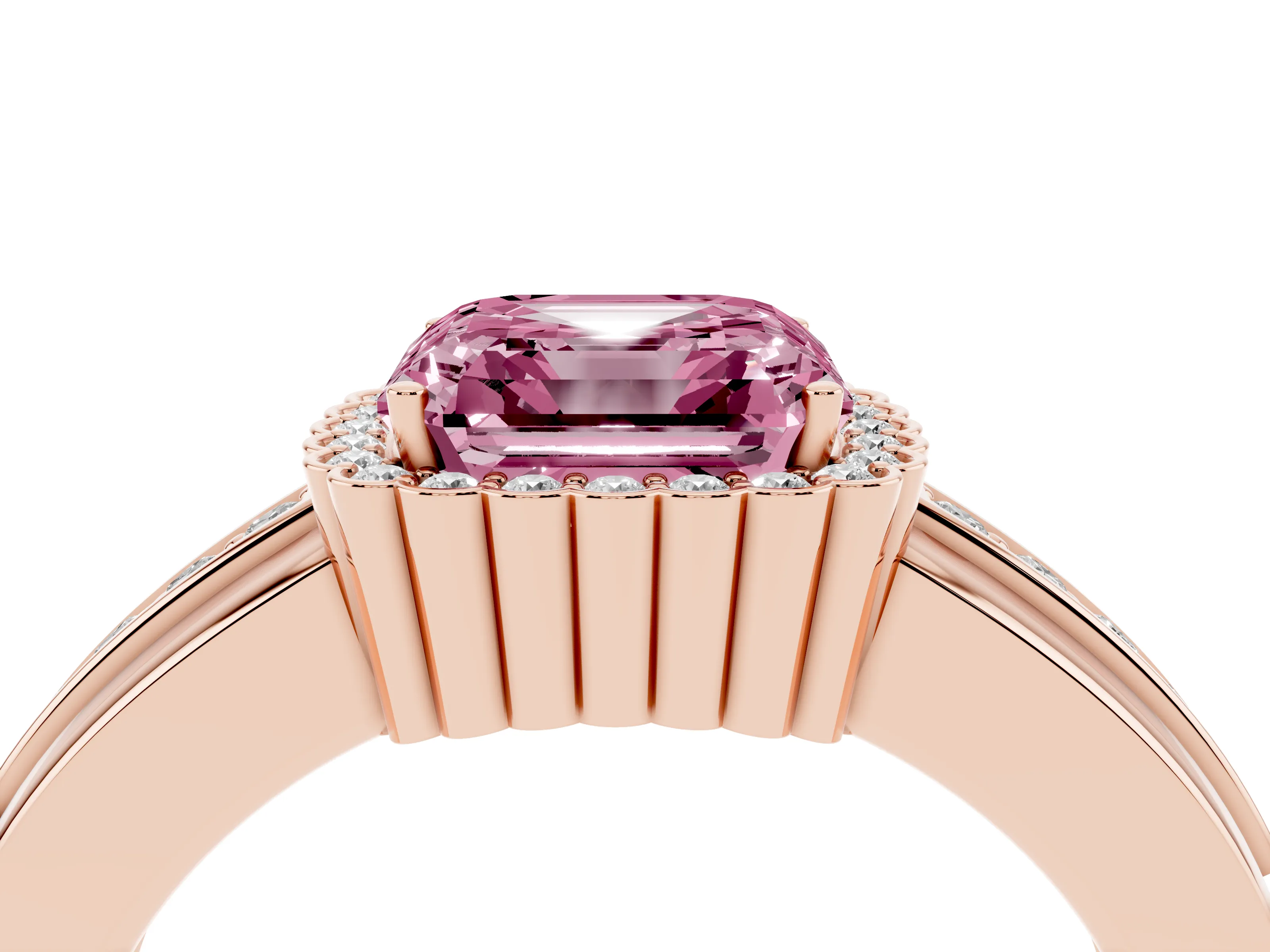 Fancy Pink Asscher Cut Diamond Halo Prong Ring Set in Rose gold with Pavé Band
