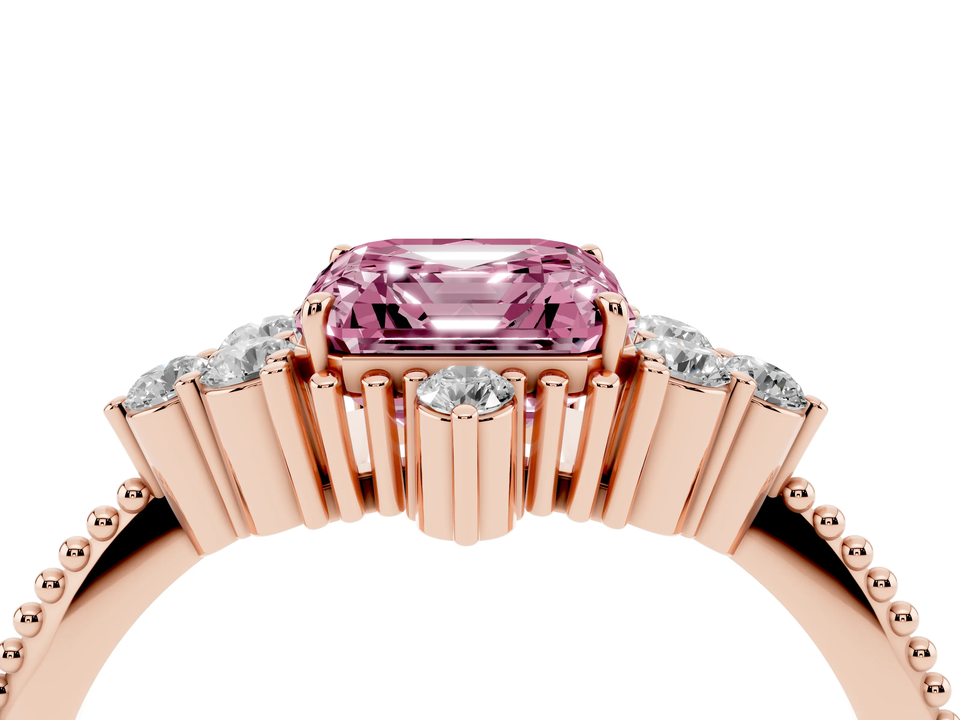 Fancy Pink Asscher Cut Diamond Cluster Ring Set in Rose gold with Beaded Band
