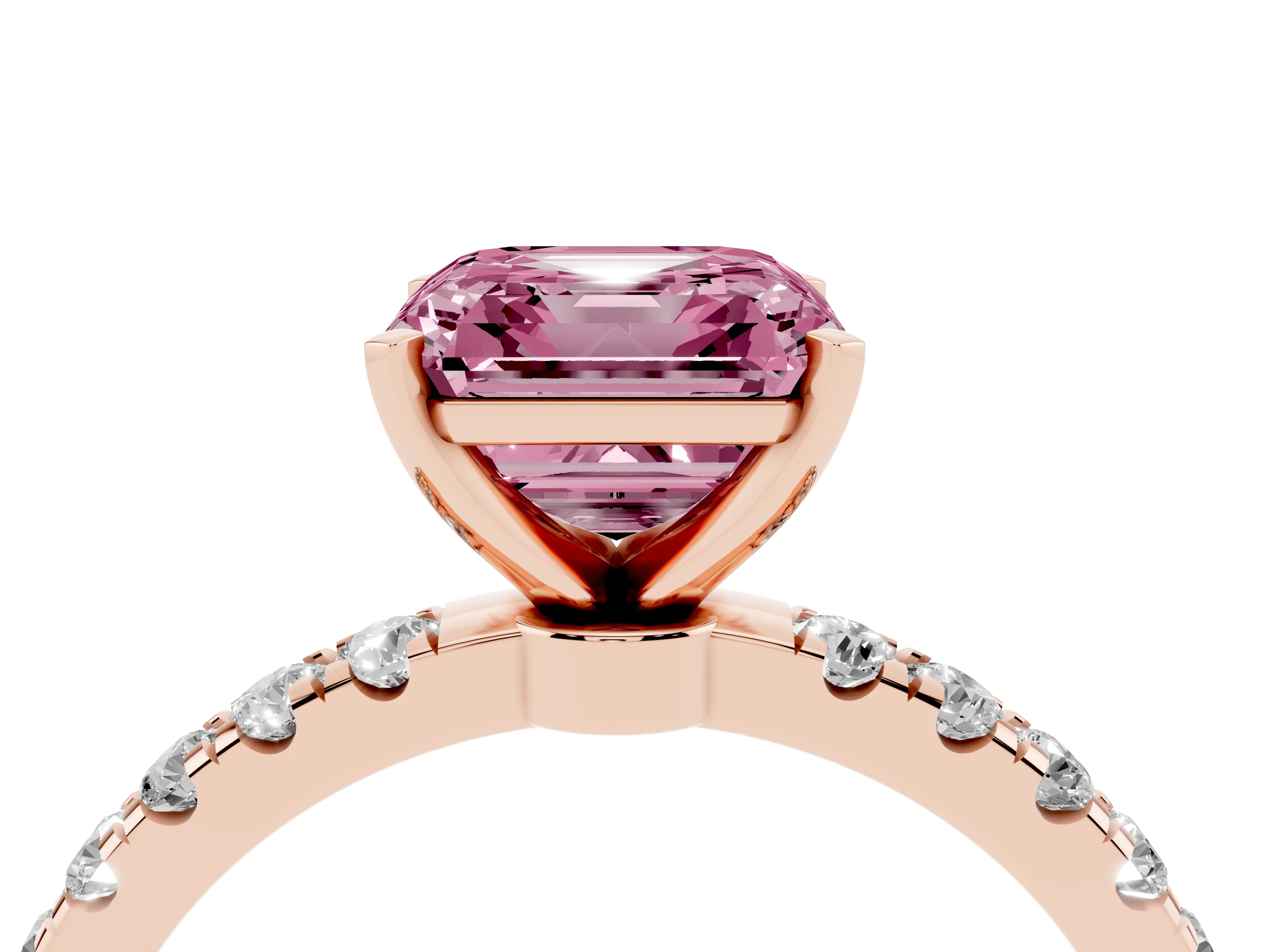 Fancy Pink Asscher Cut Diamond Solitaire Ring Set in Rose gold with Pavé Accents and Prong Setting