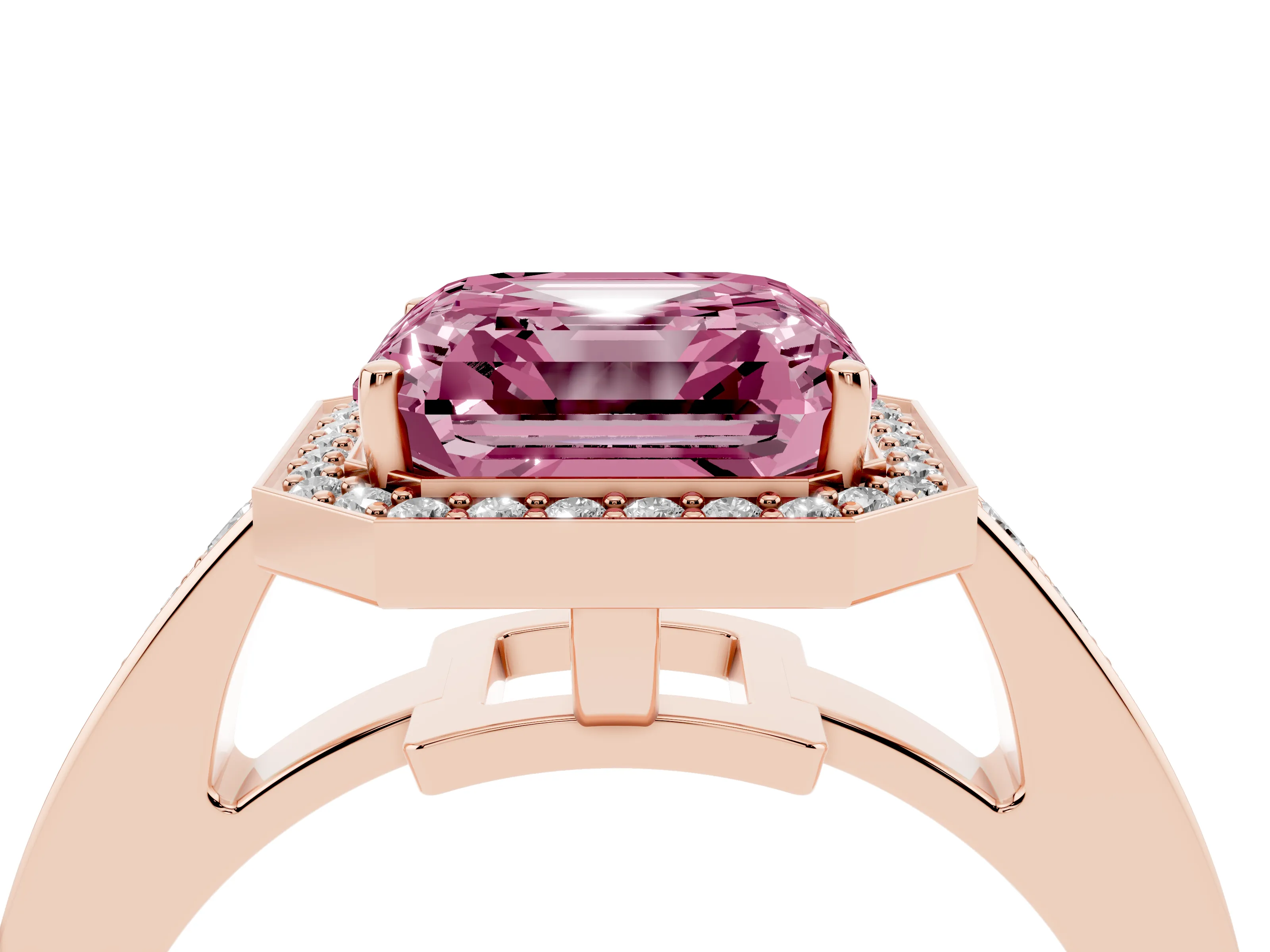 Fancy Pink Asscher Cut Diamond Halo Pavé Engagement Ring Set in Rose gold with Bezel Setting