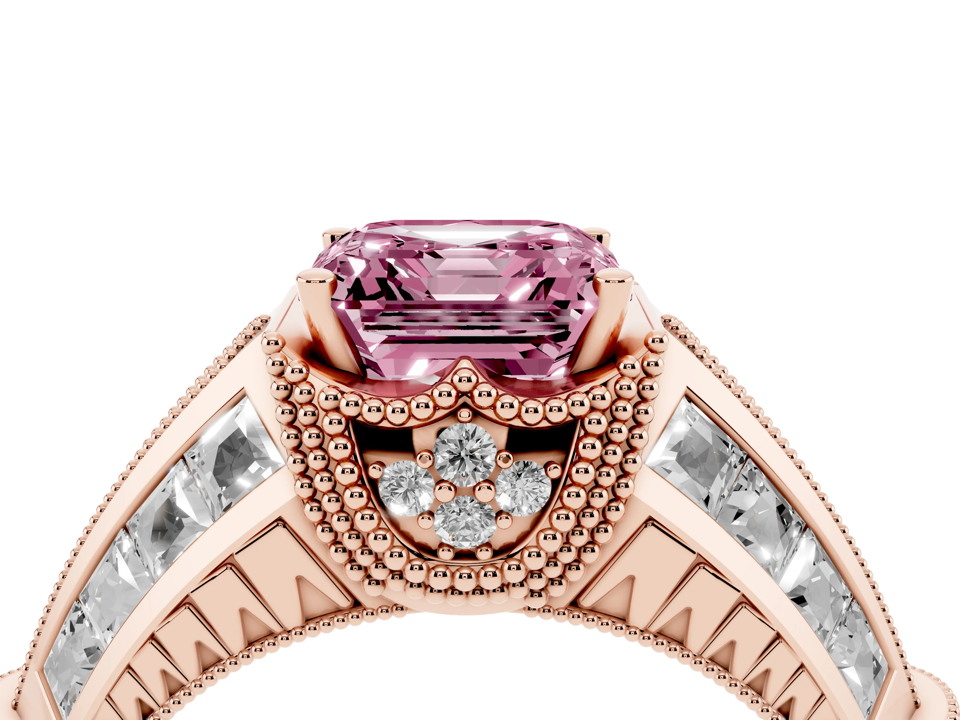 Fancy Pink Asscher Cut Diamond Vintage-Inspired Milgrain Ring Set in Rose gold with Accent Split Shank