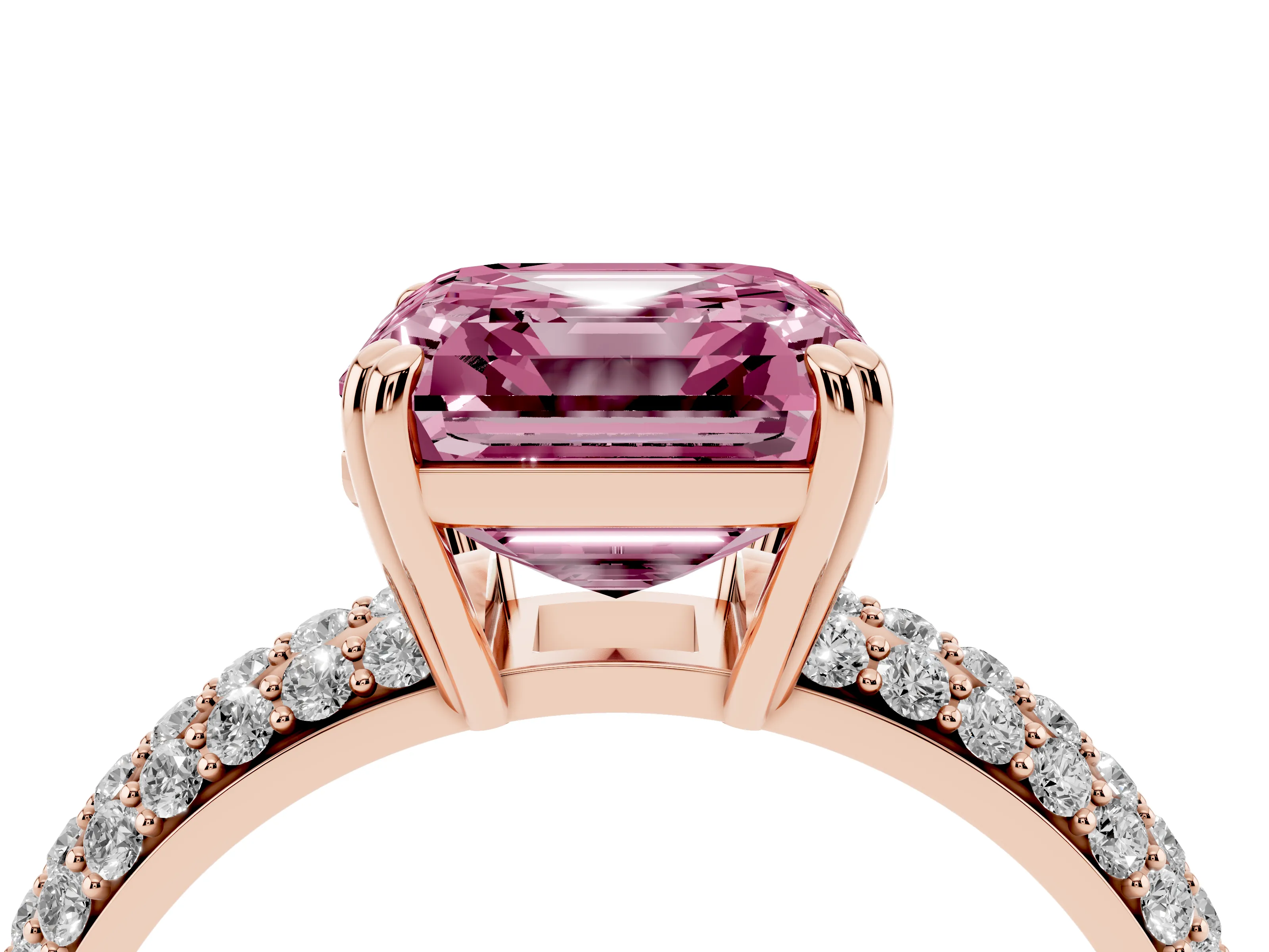 Fancy Pink Asscher Cut Diamond Solitaire Ring Set in Rose gold with Multi-Row Round Pavé Band and Prong Setting