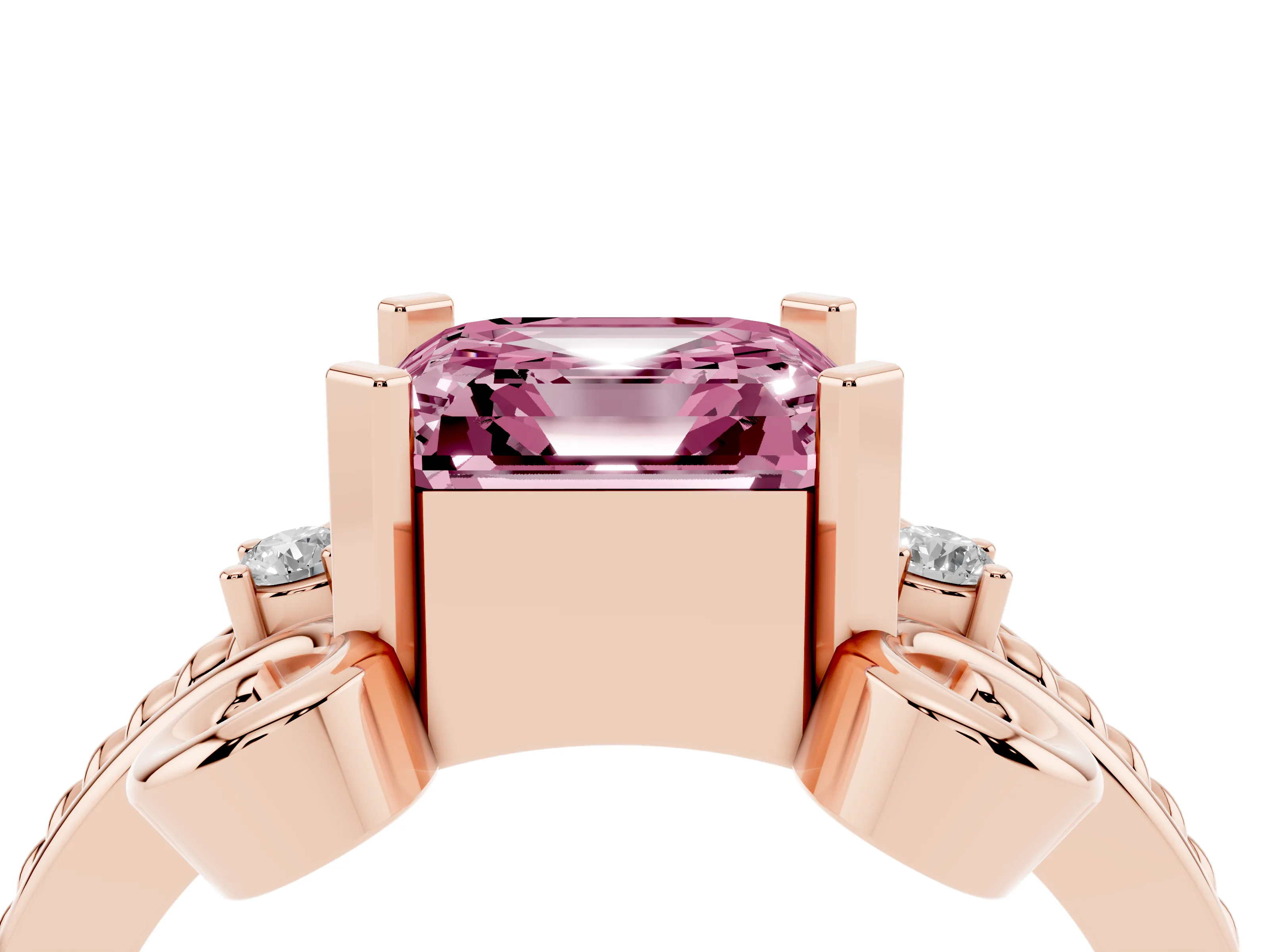 Fancy Pink Asscher Cut Diamond Twisted Band Solitaire Ring Set in Rose gold with Scroll Prongs