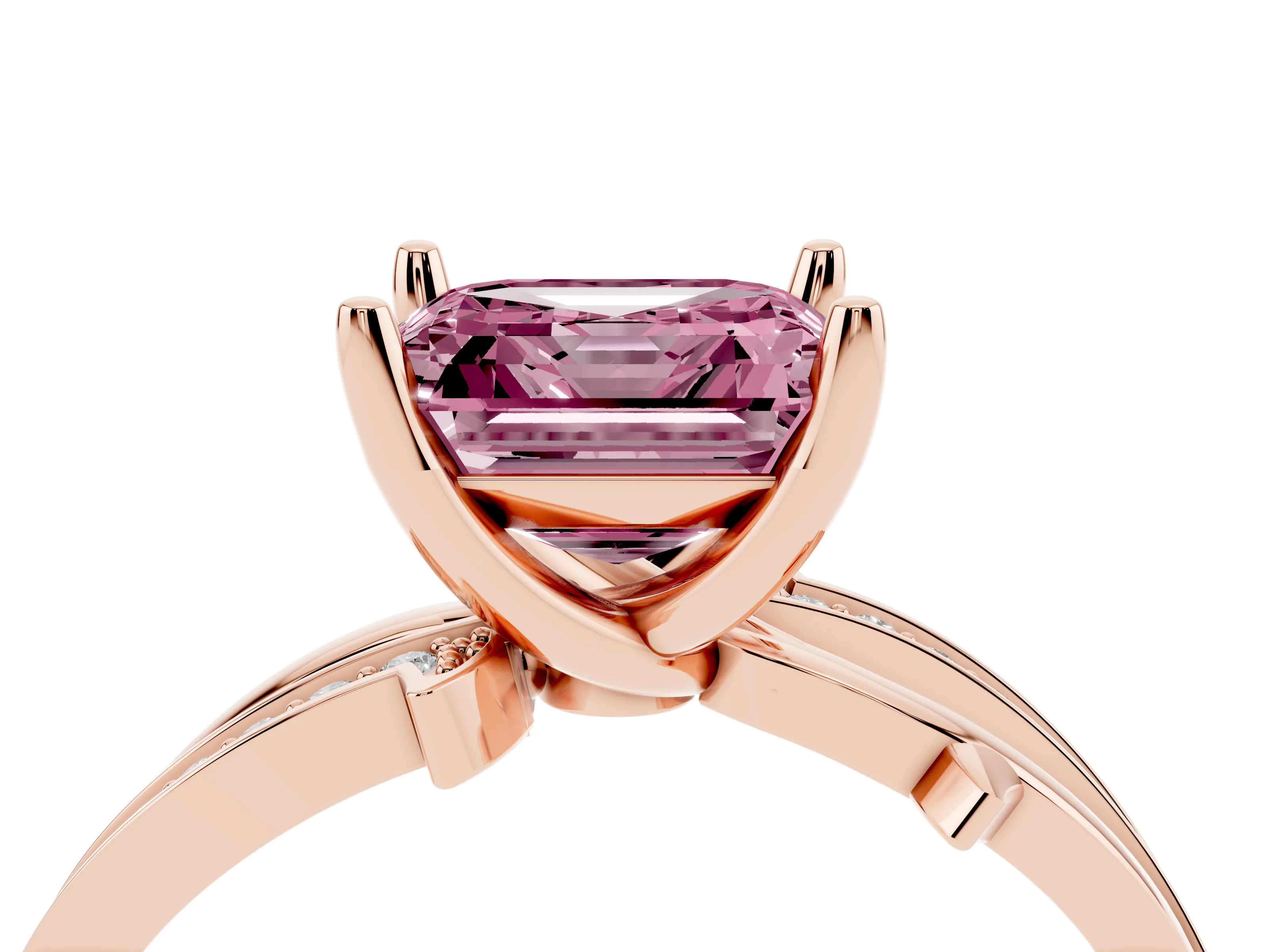 Fancy Pink Asscher Cut Diamond Pavé Twist Band Solitaire Ring Set in Rose gold with Prong Setting