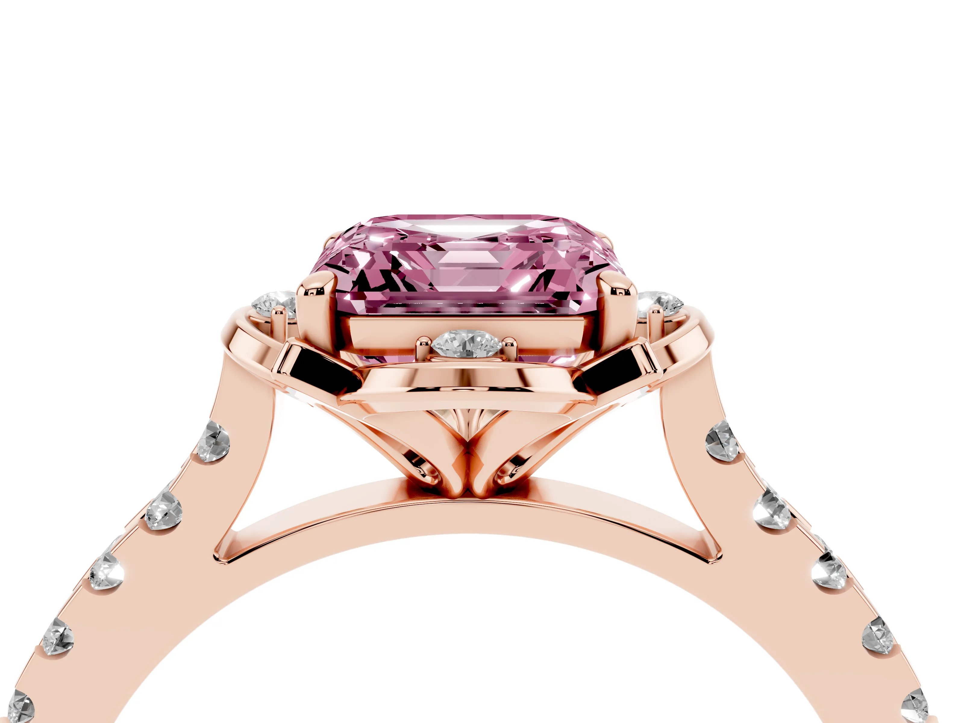 Fancy Pink Asscher Cut Diamond Solitaire Ring Set in Rose gold with Pavé Band and Floral Prong Setting