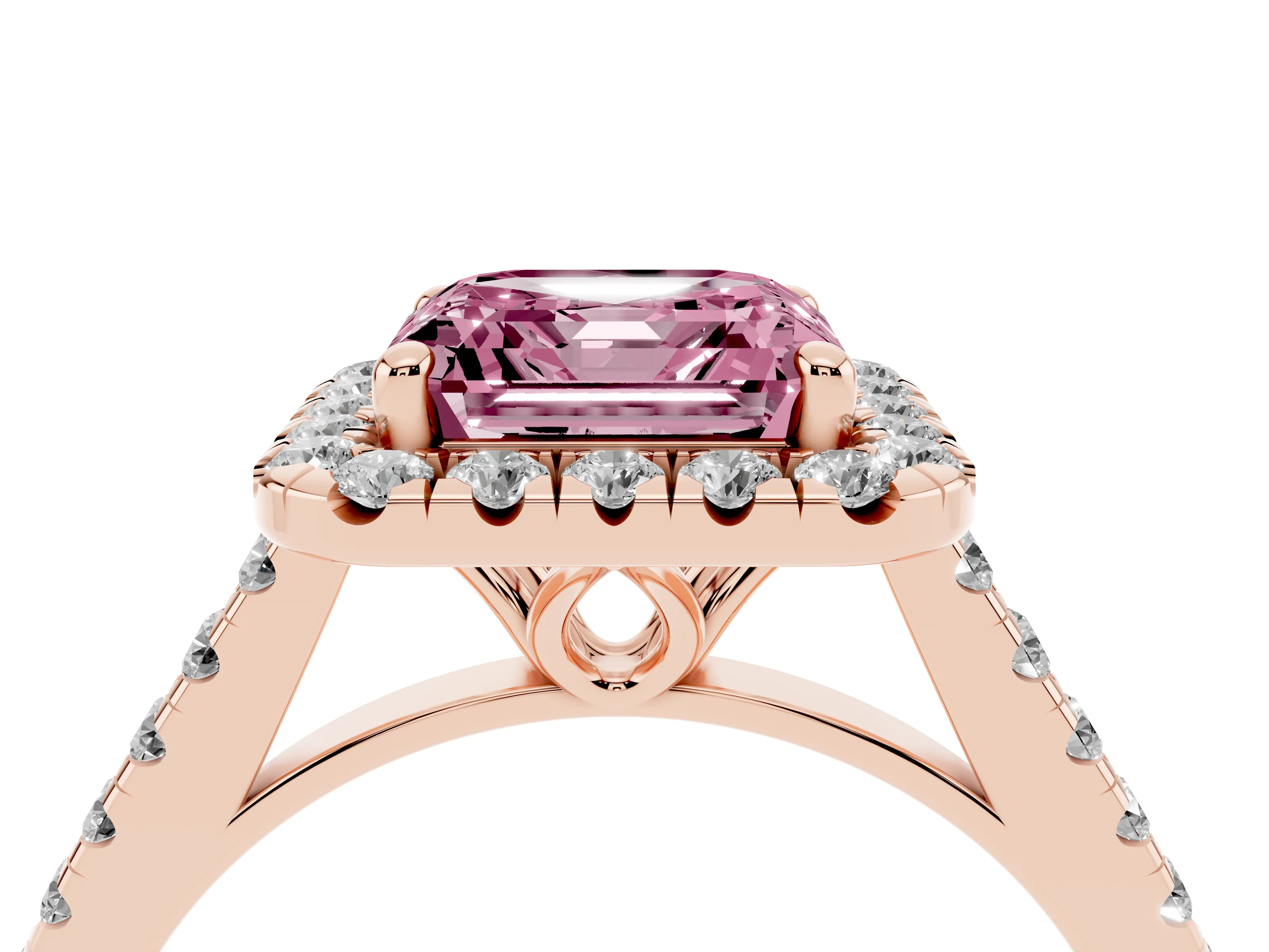 Fancy Pink Asscher Cut Diamond Pavé Halo Engagement Ring Set in Rose gold with Pavé Band and Prong Setting