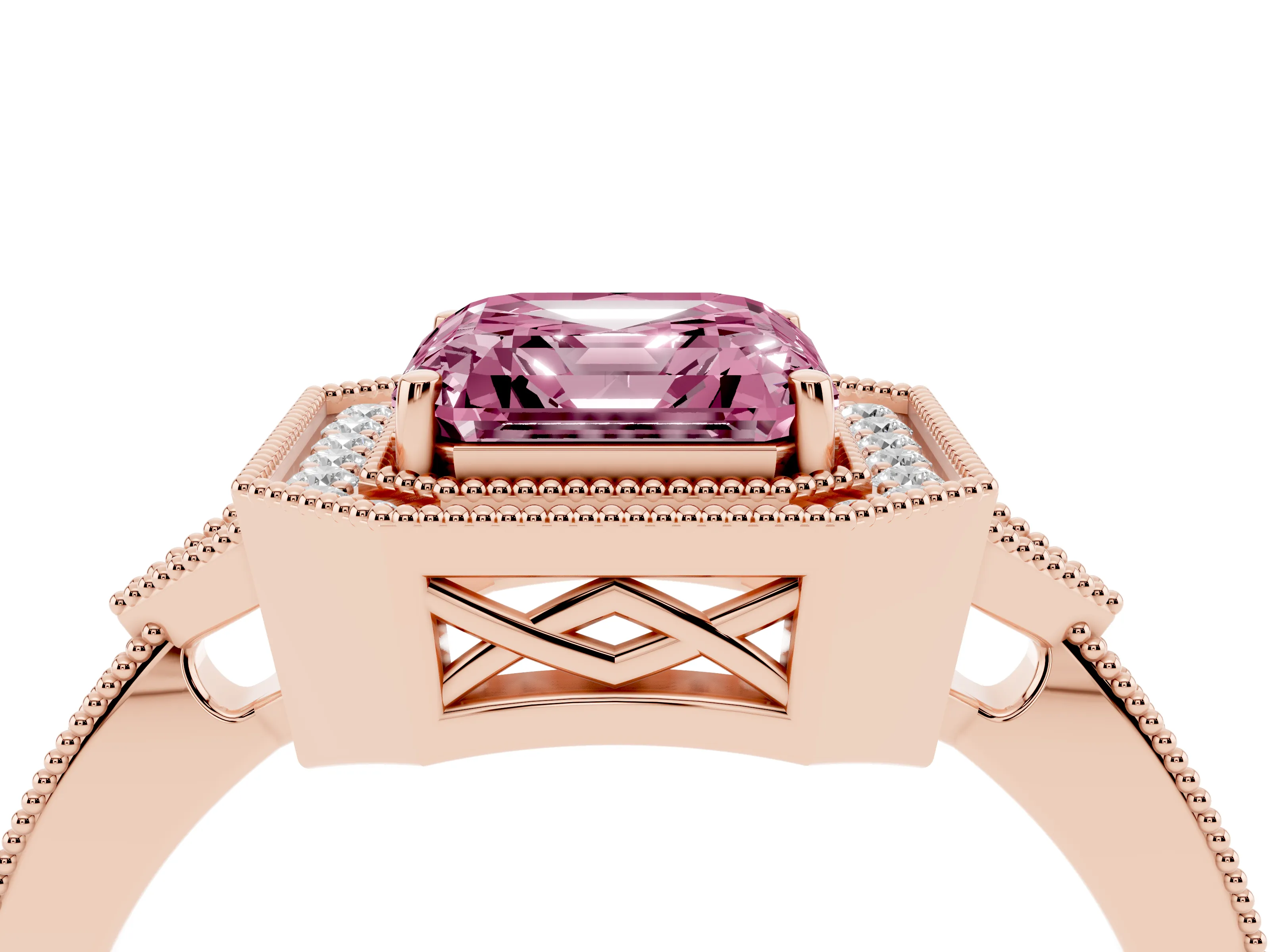 Fancy Pink Asscher Cut Diamond Halo Engagement Ring Set in Rose gold with Milgrain Pavé Band