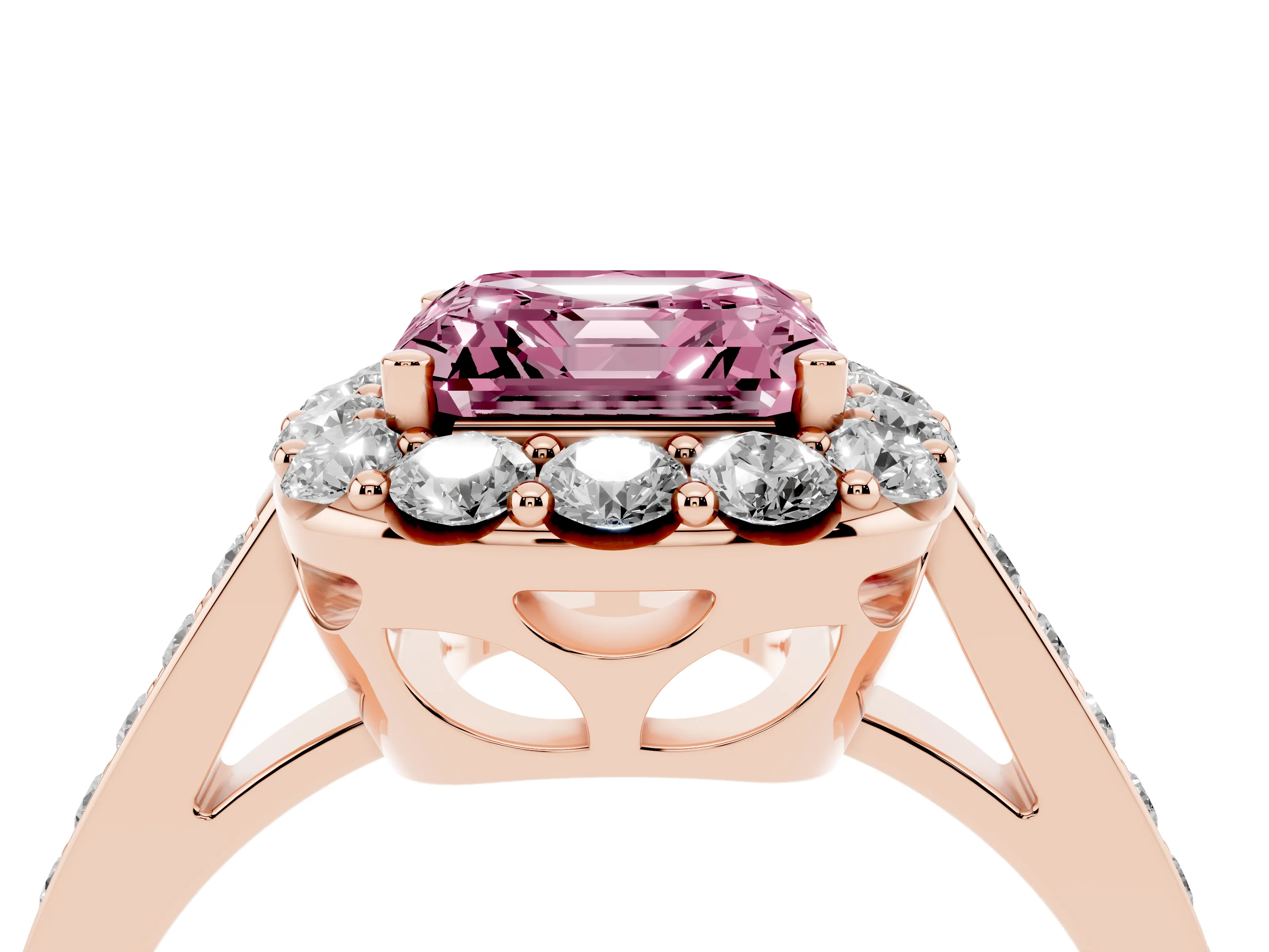 Fancy Pink Asscher Cut Diamond Floral Halo Ring Set in Rose gold with Pavé Band and Prong Setting