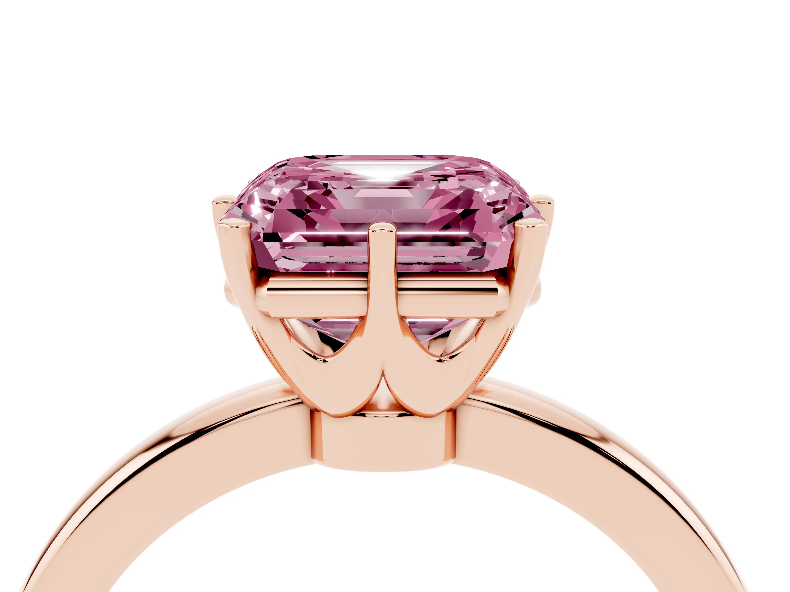 Fancy Pink Asscher Cut Diamond Solitaire Ring Set in Rose gold with Raised Prong Setting on a Classic Band