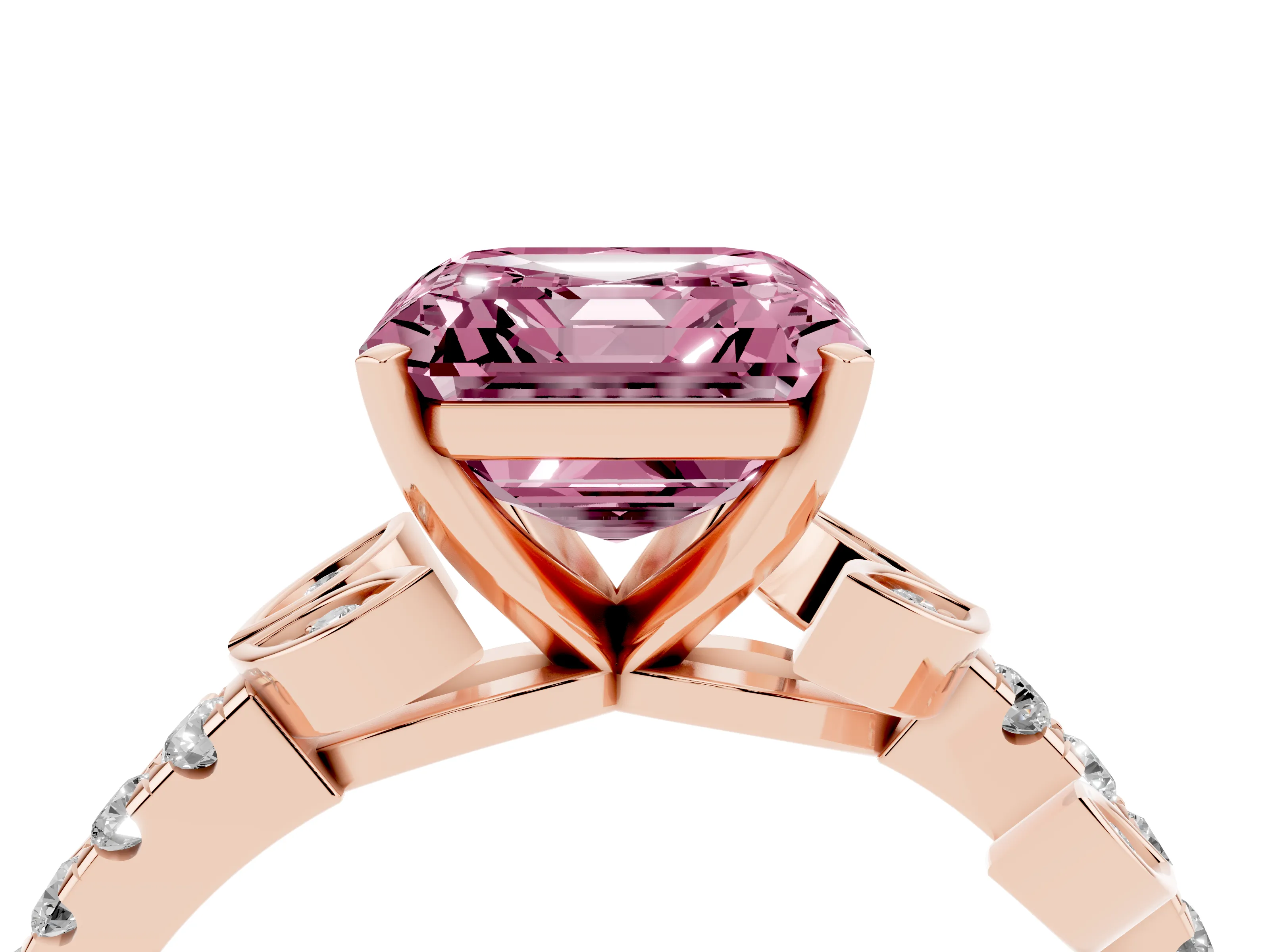 Fancy Pink Asscher Cut Diamond Solitaire Leaf-Inspired Ring Set in Rose gold with Pavé Band and Prong Setting