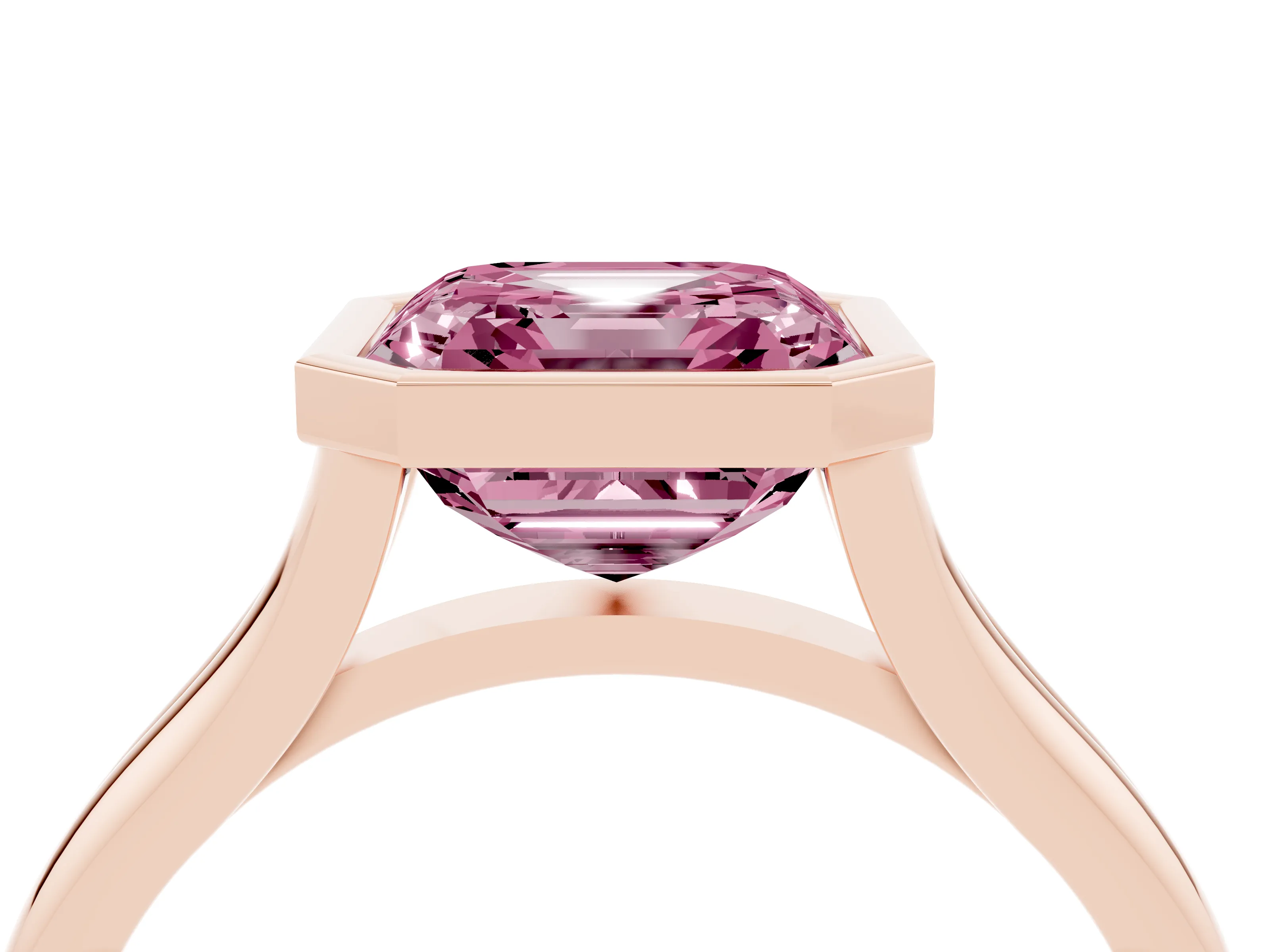Fancy Pink Bezel Set Asscher Cut Diamond Solitaire Ring Set in Rose gold with Tapered Band