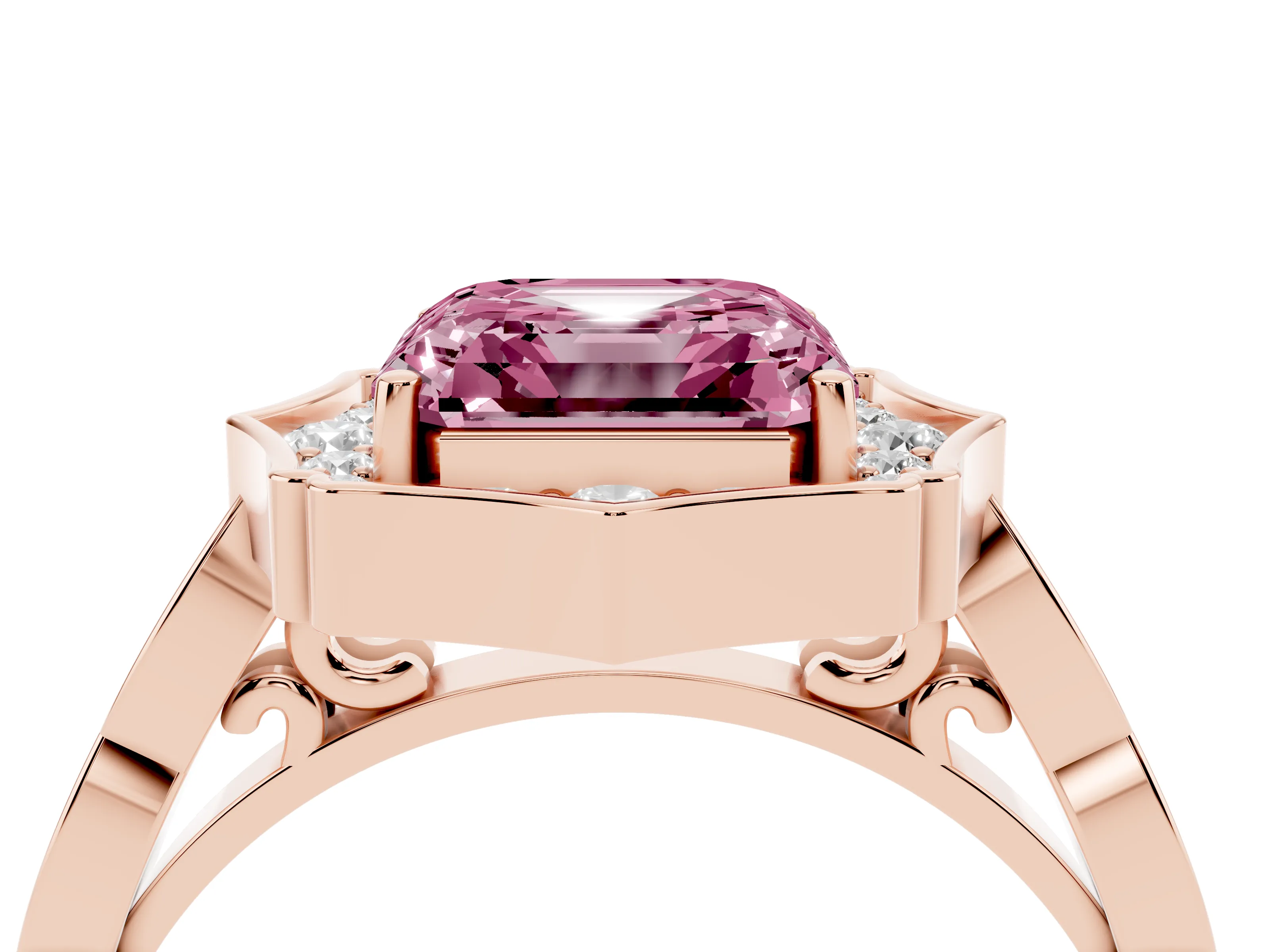 Fancy Pink Asscher Cut Diamond Halo Engagement Ring Set in Rose gold with Milgrain Band and Prong Setting