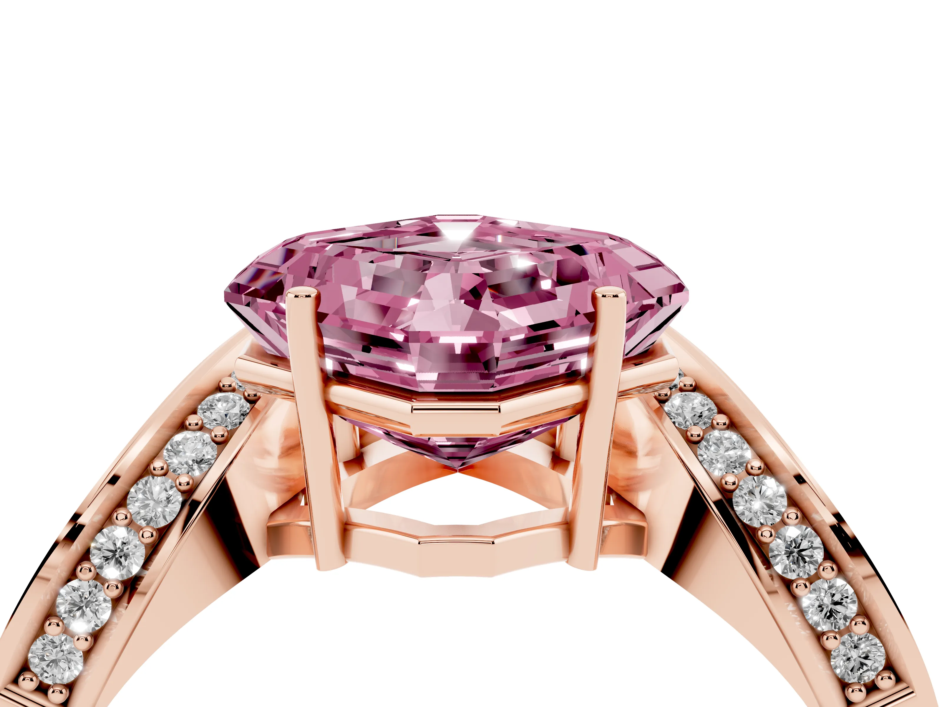 Fancy Pink Asscher Cut Diamond Solitaire Engagement Ring Set in Rose gold with Pavé Shoulders