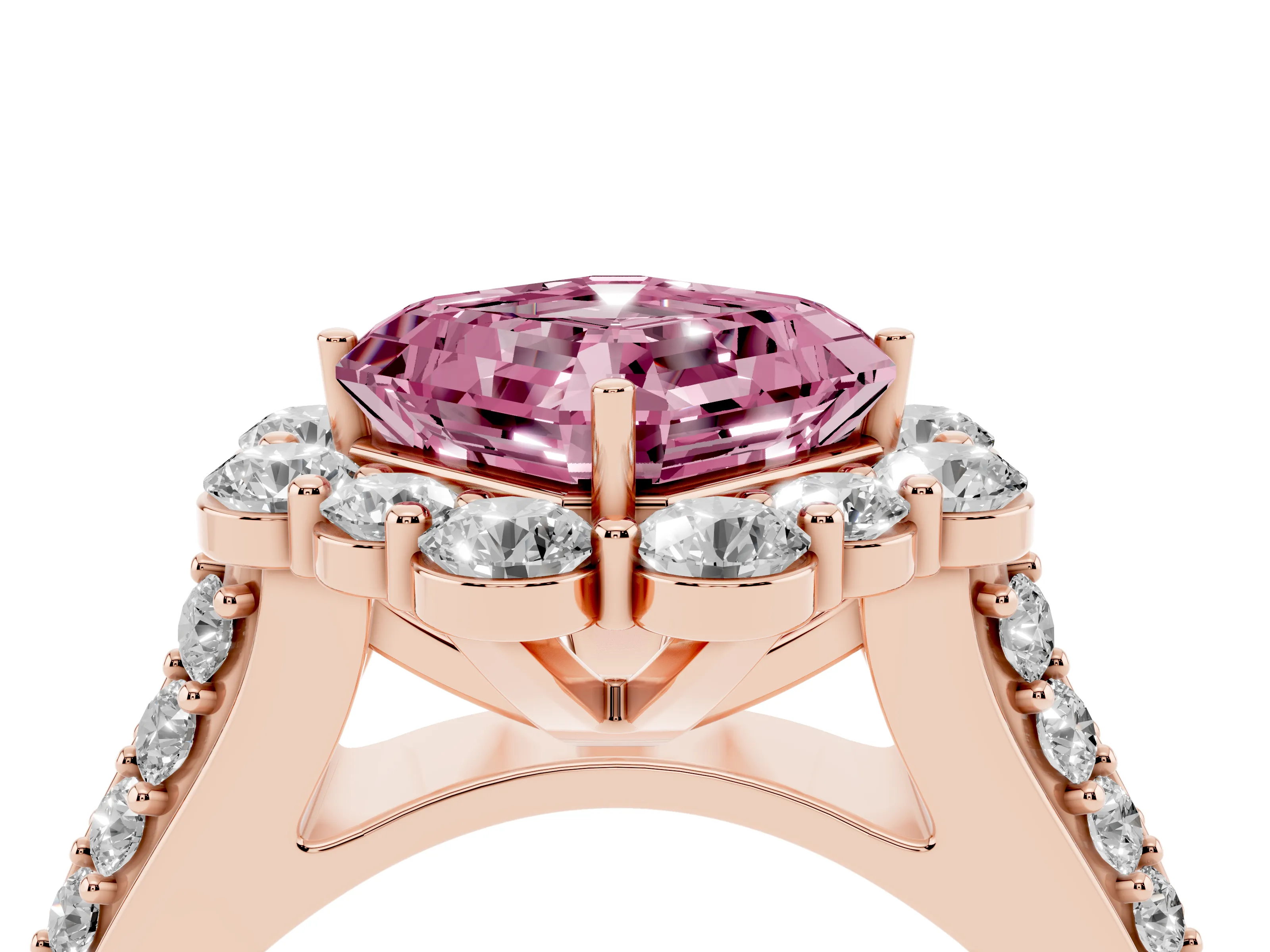 Fancy Pink Asscher Cut Diamond Halo Engagement Ring Set in Rose gold with Split Shank and Prong Setting
