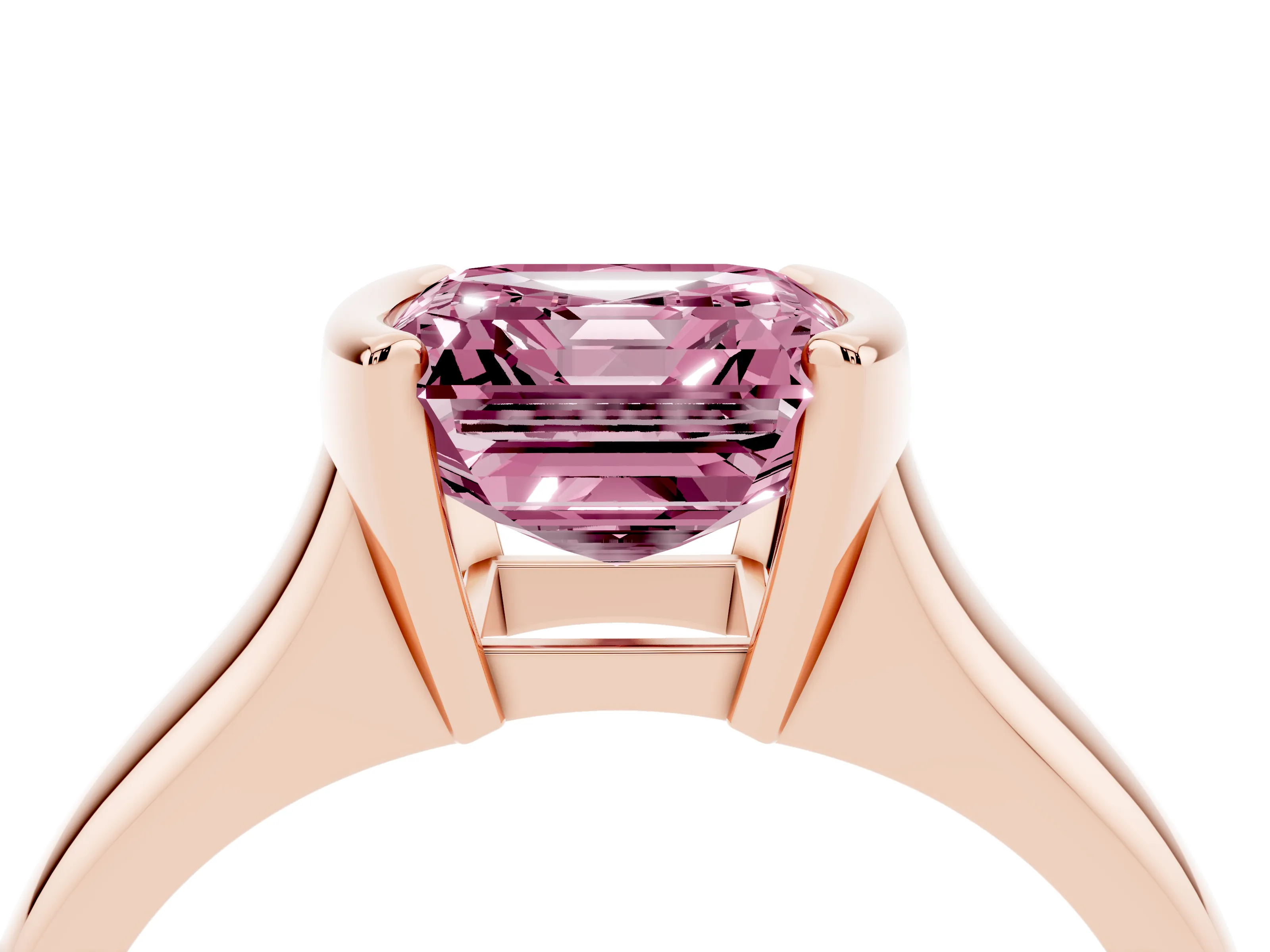 Fancy Pink Asscher Cut Diamond Solitaire Tension Set Ring Set in Rose gold with Split Shank Band