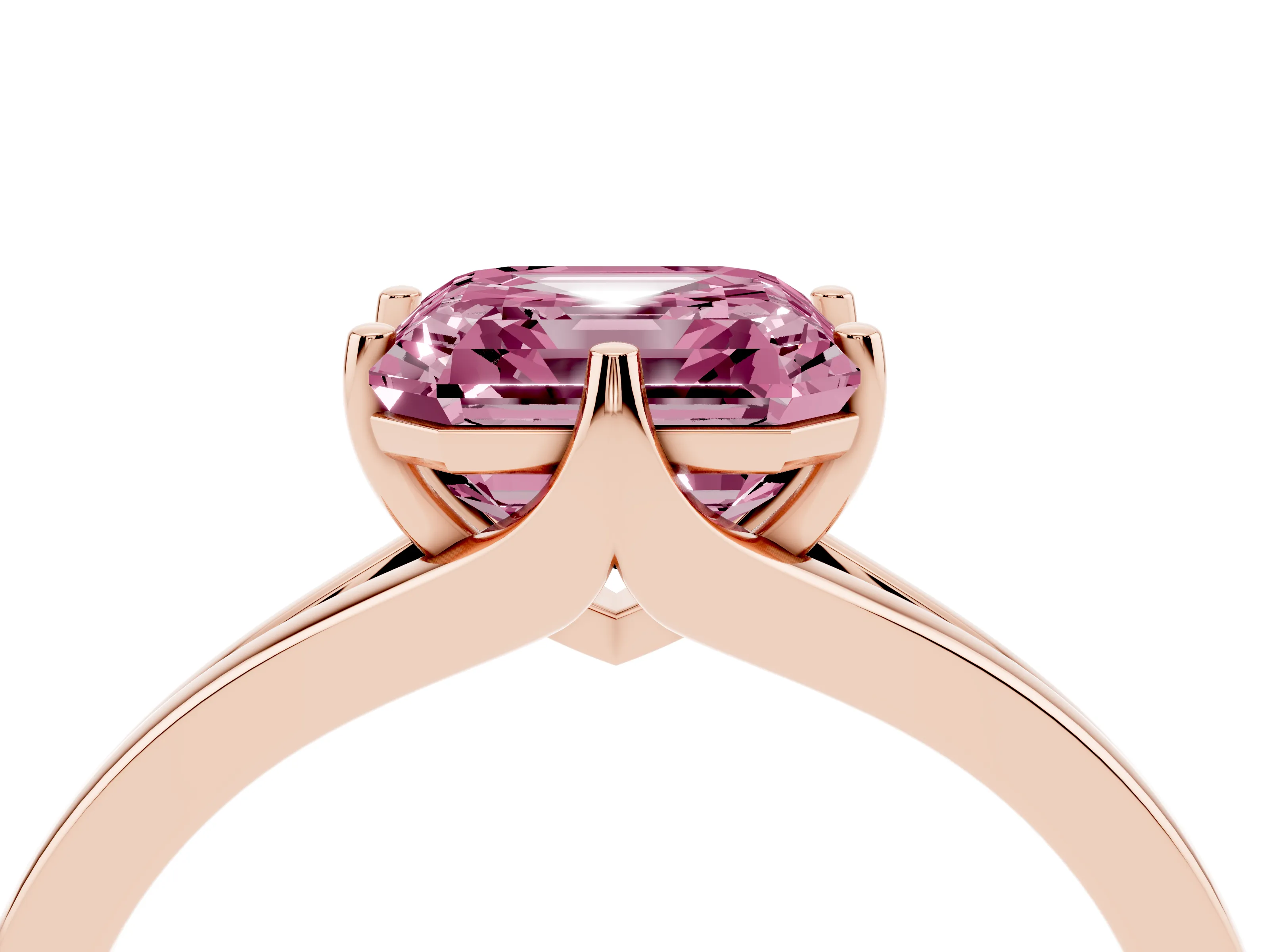 Fancy Pink Asscher Cut Diamond Solitaire Ring Set in Rose gold with Polished Tapered Band and Prong Setting