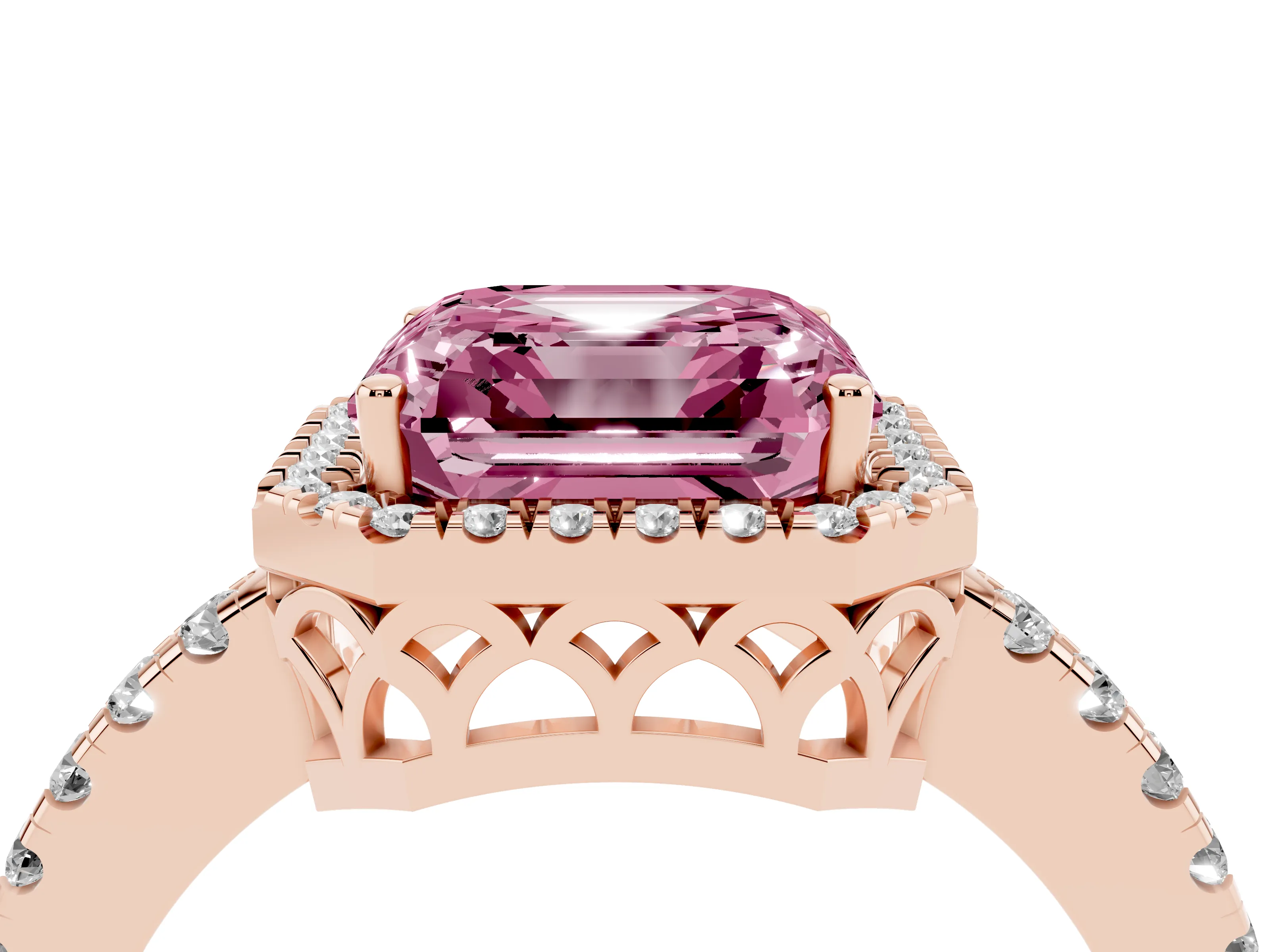 Fancy Pink Asscher Cut Diamond Pavé Band Halo Engagement Ring Set in Rose gold with Prong Setting