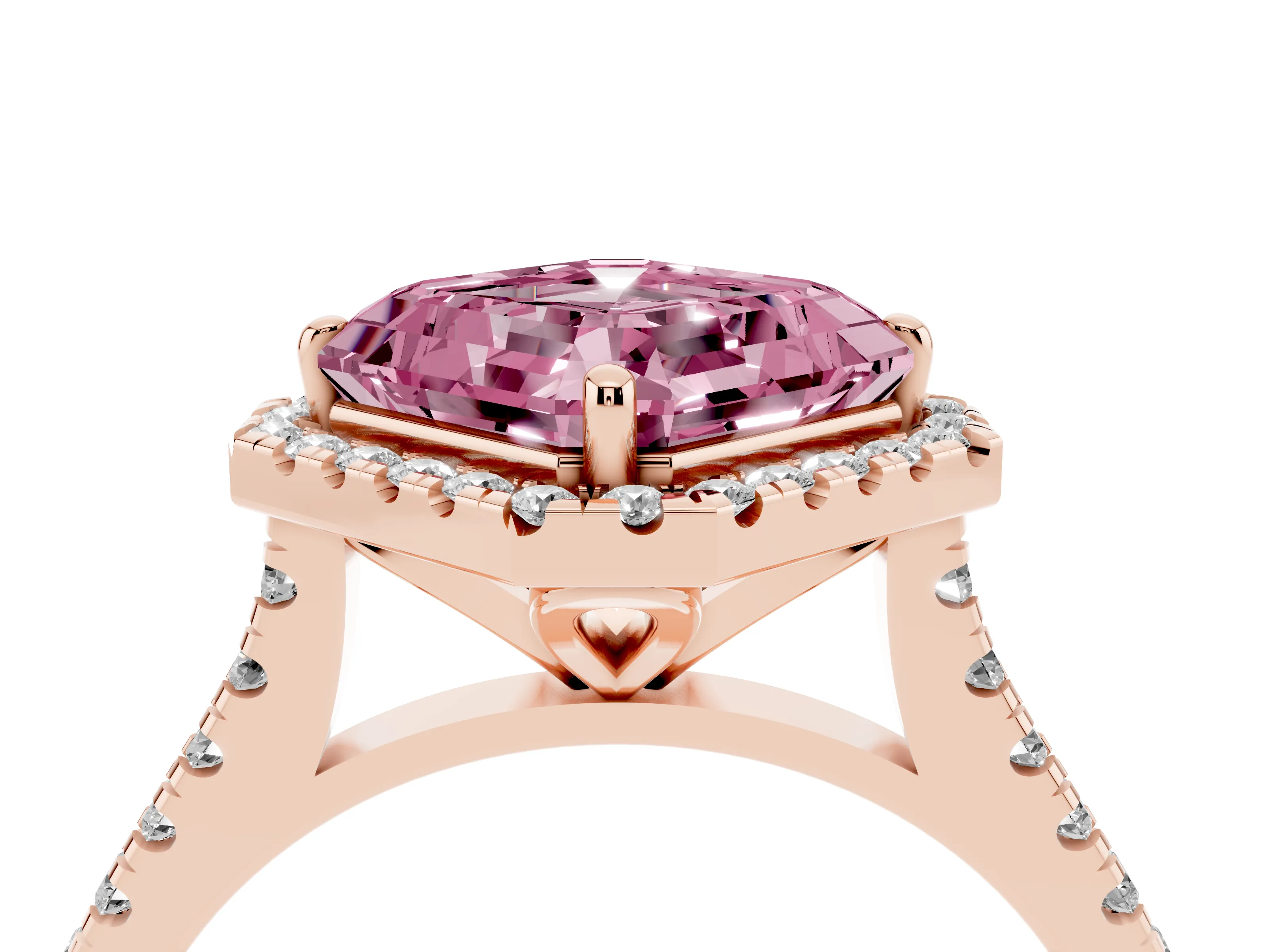 Fancy Pink Asscher Cut Diamond Cushion Halo Ring Set in Rose gold with Pavé Band