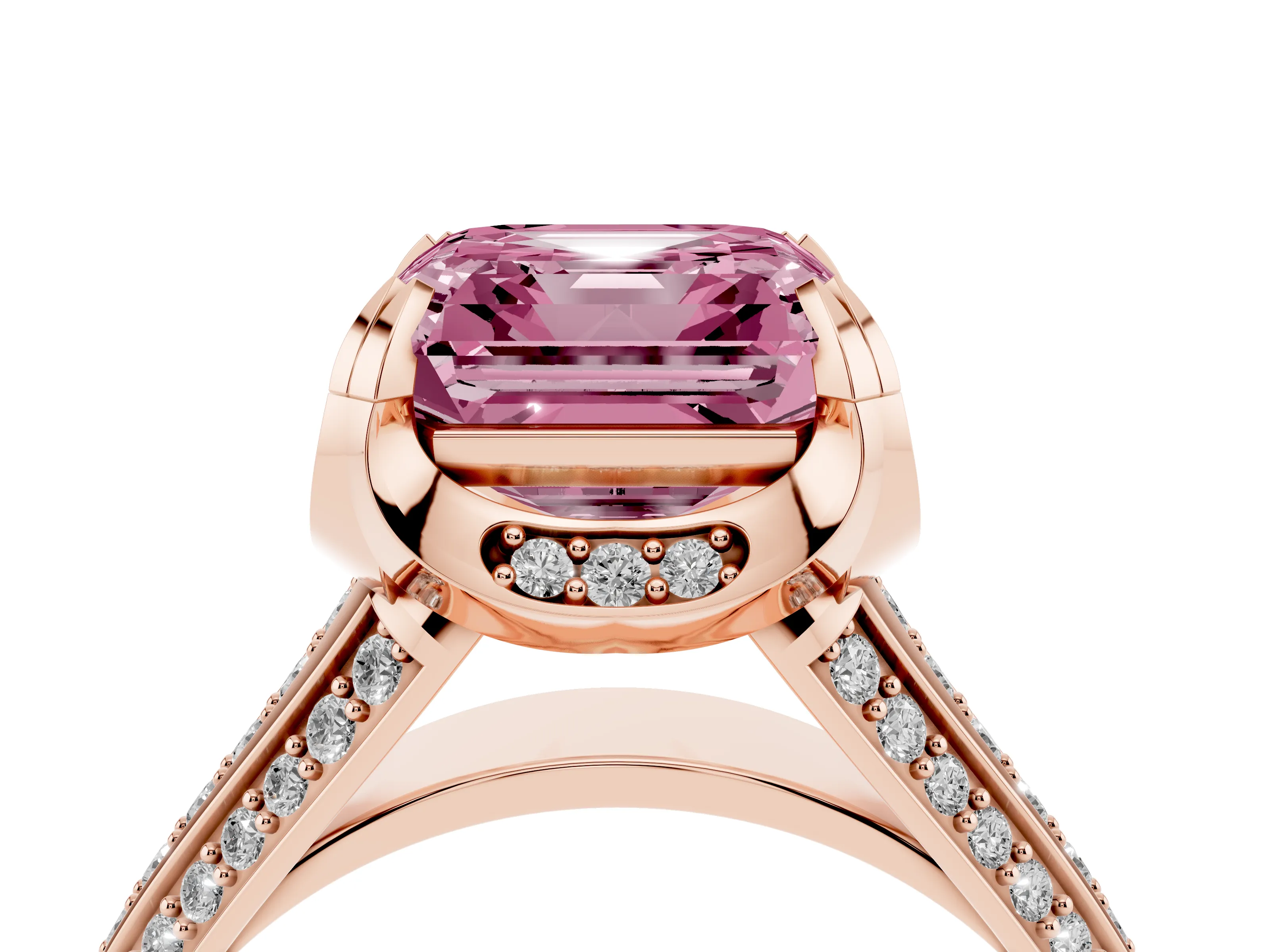 Fancy Pink Asscher Cut Diamond Pavé Split Shank Solitaire Ring Set in Rose gold with Prong Setting