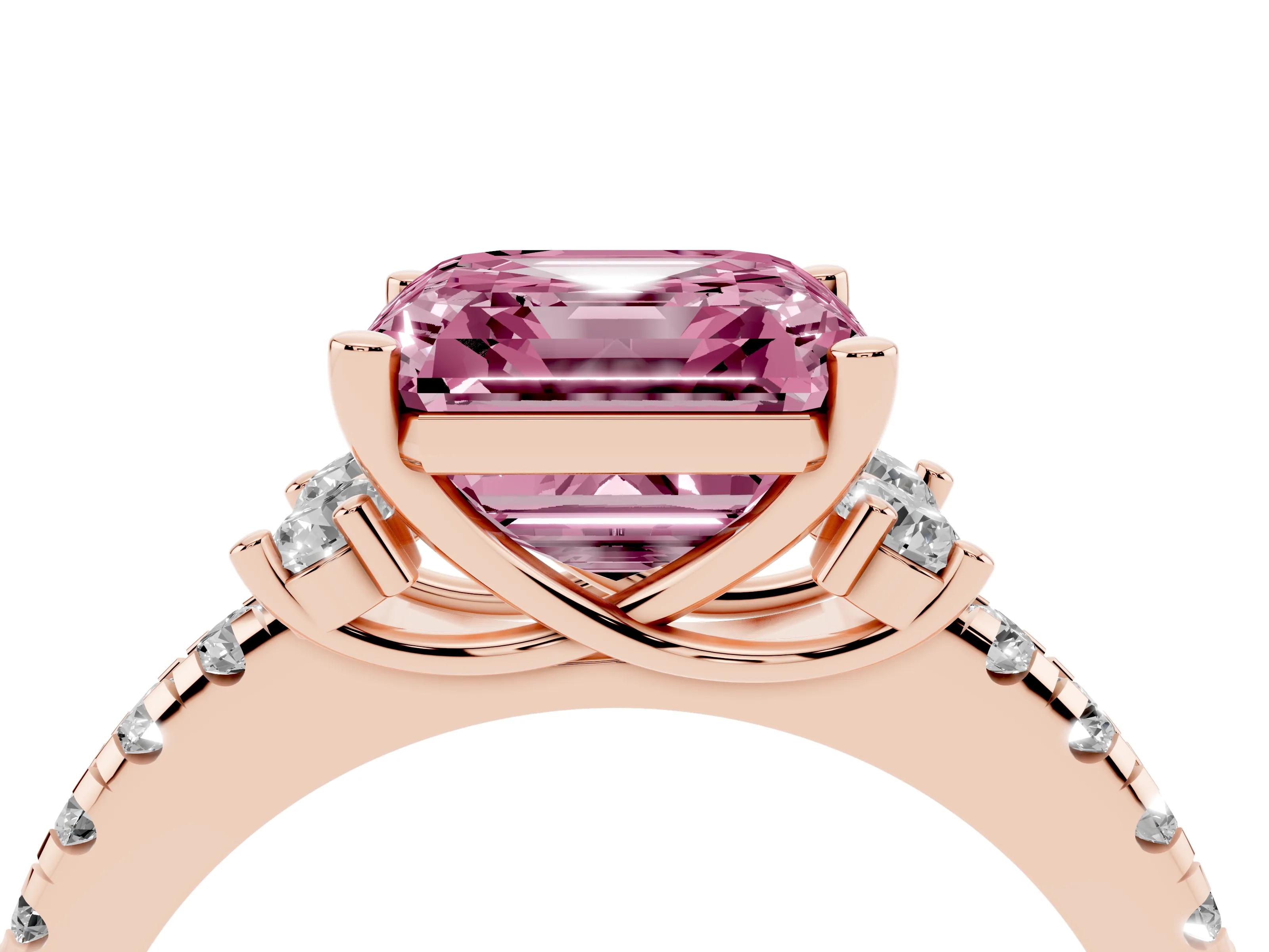 Fancy Pink Asscher Cut Diamond Three-Stone Pavé Ring Set in Rose gold with Prong Setting