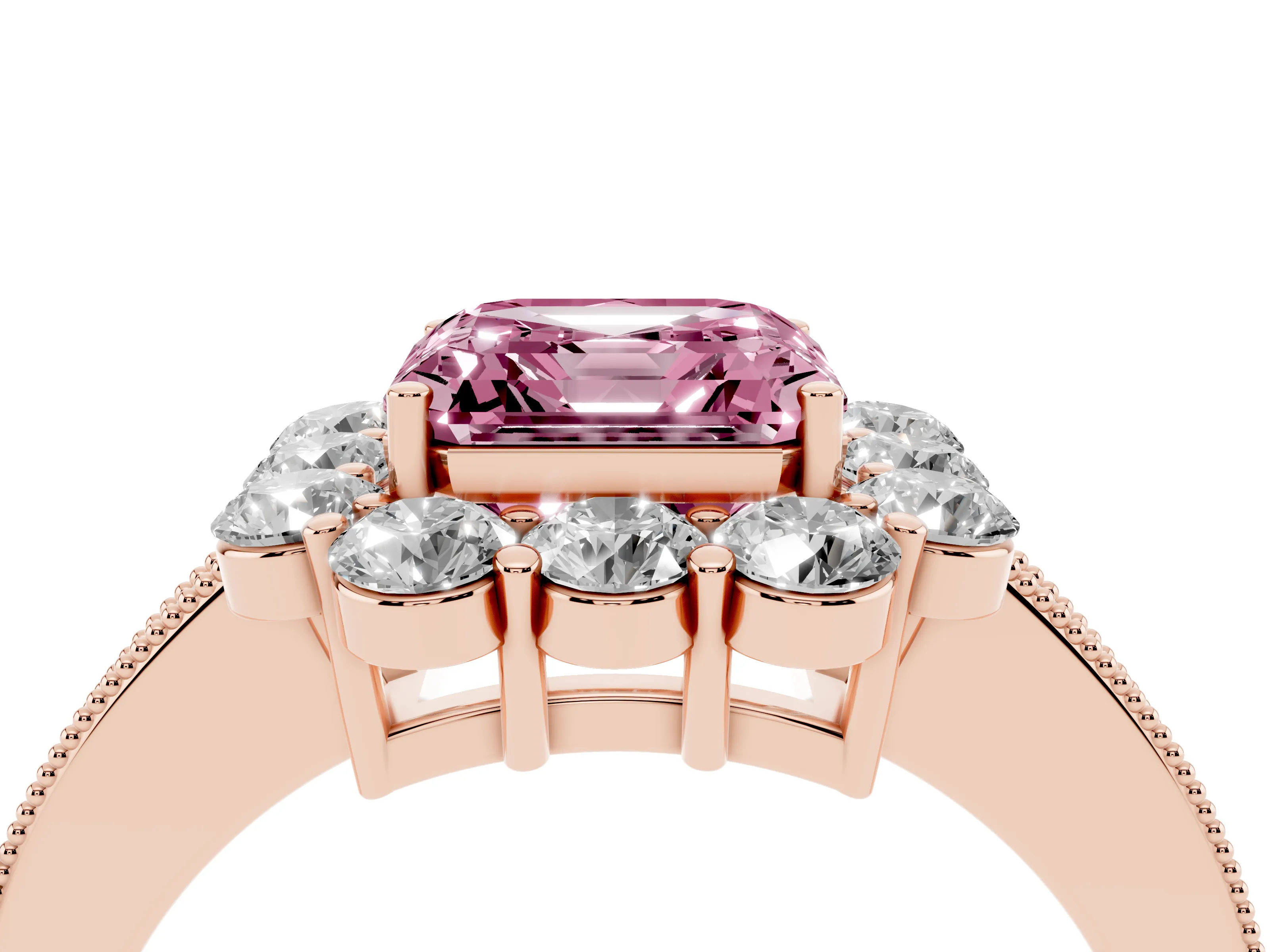 Fancy Pink Asscher Cut Diamond Halo Pavé Engagement Ring Set in Rose gold with Milgrain Detailing