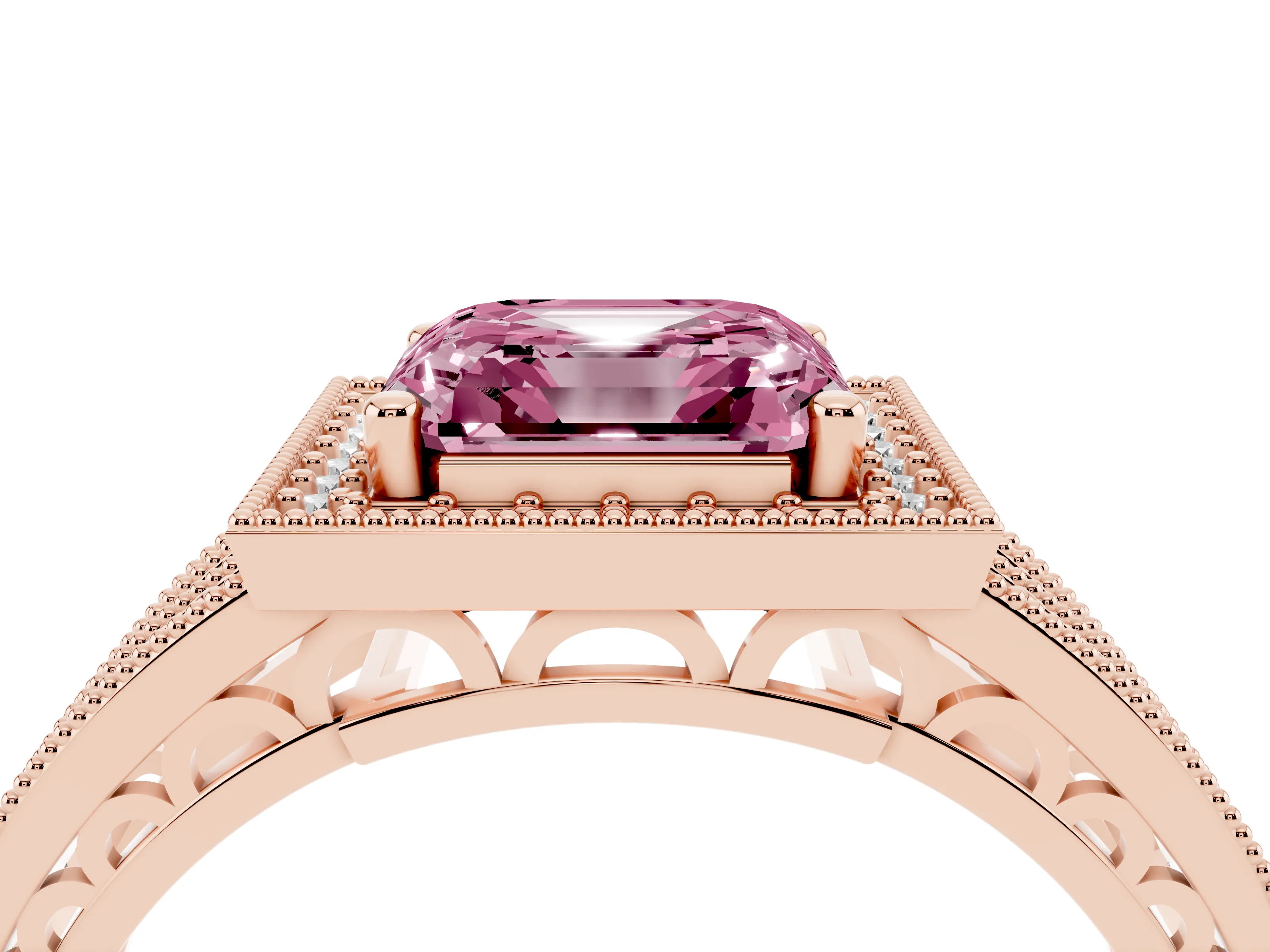 Fancy Pink Asscher Cut Diamond Halo Ring Set in Rose gold with Accent Split Shank and Prong Setting