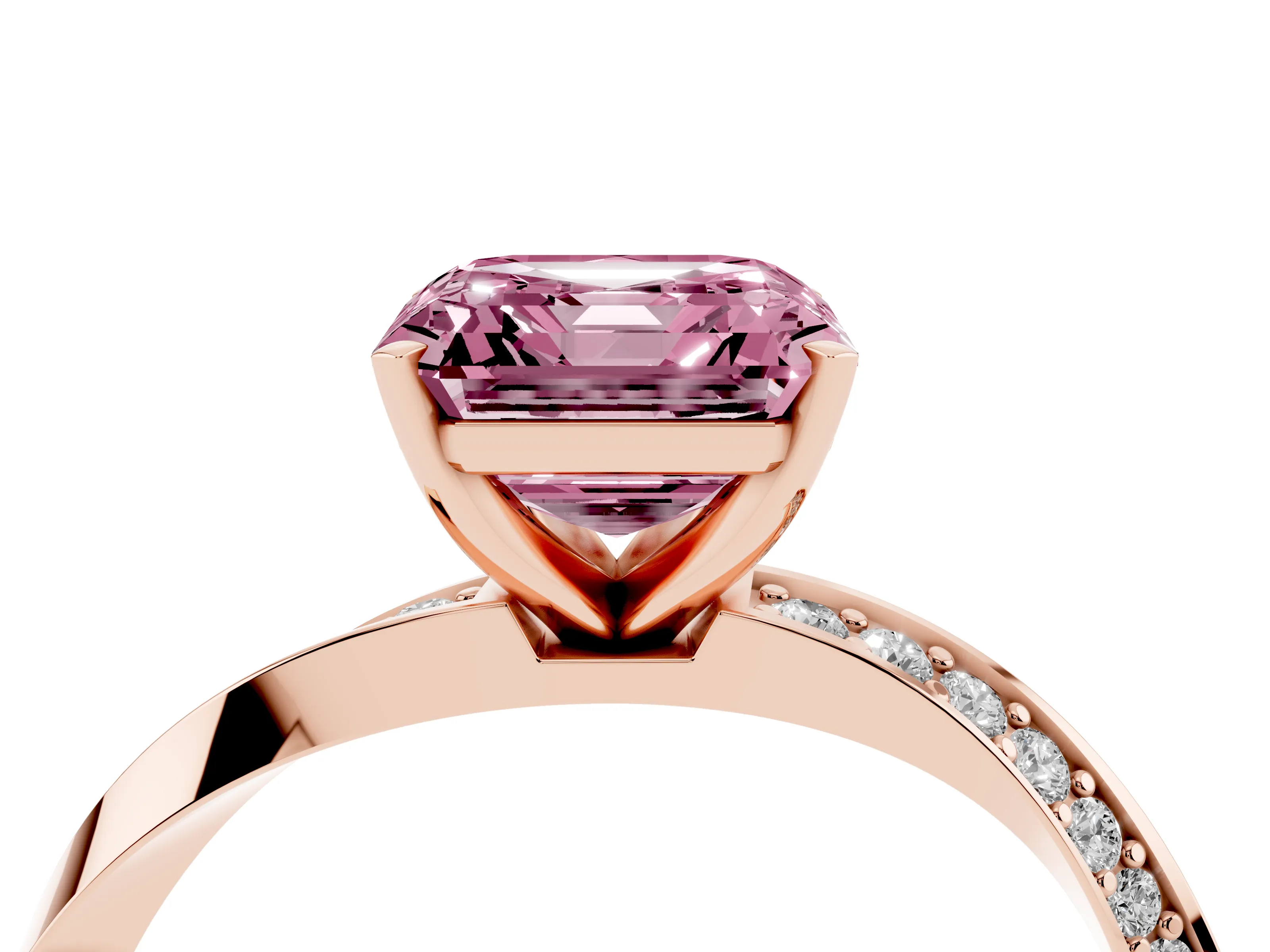 Fancy Pink Asscher Cut Diamond Engagement Ring Set in Rose gold with Side Stone Accents and Prong Setting