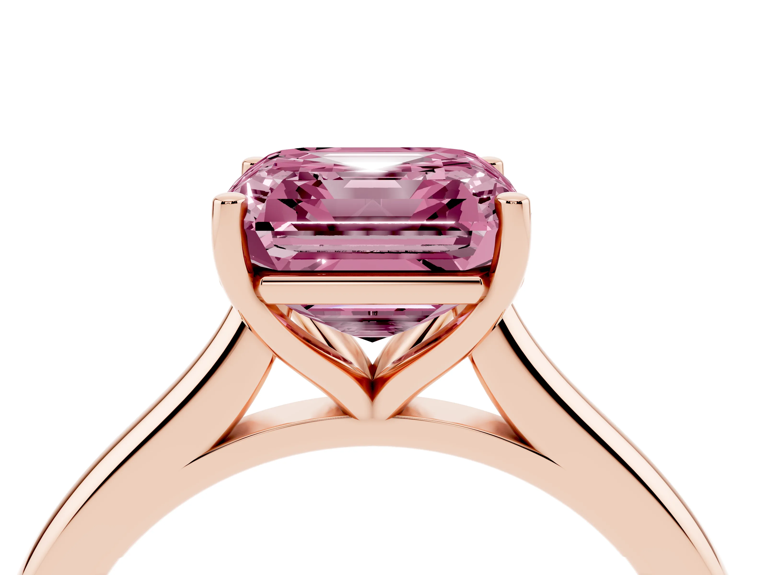Fancy Pink Asscher Cut Diamond Solitaire Ring Set in Rose gold with Cathedral Band and Prong Setting