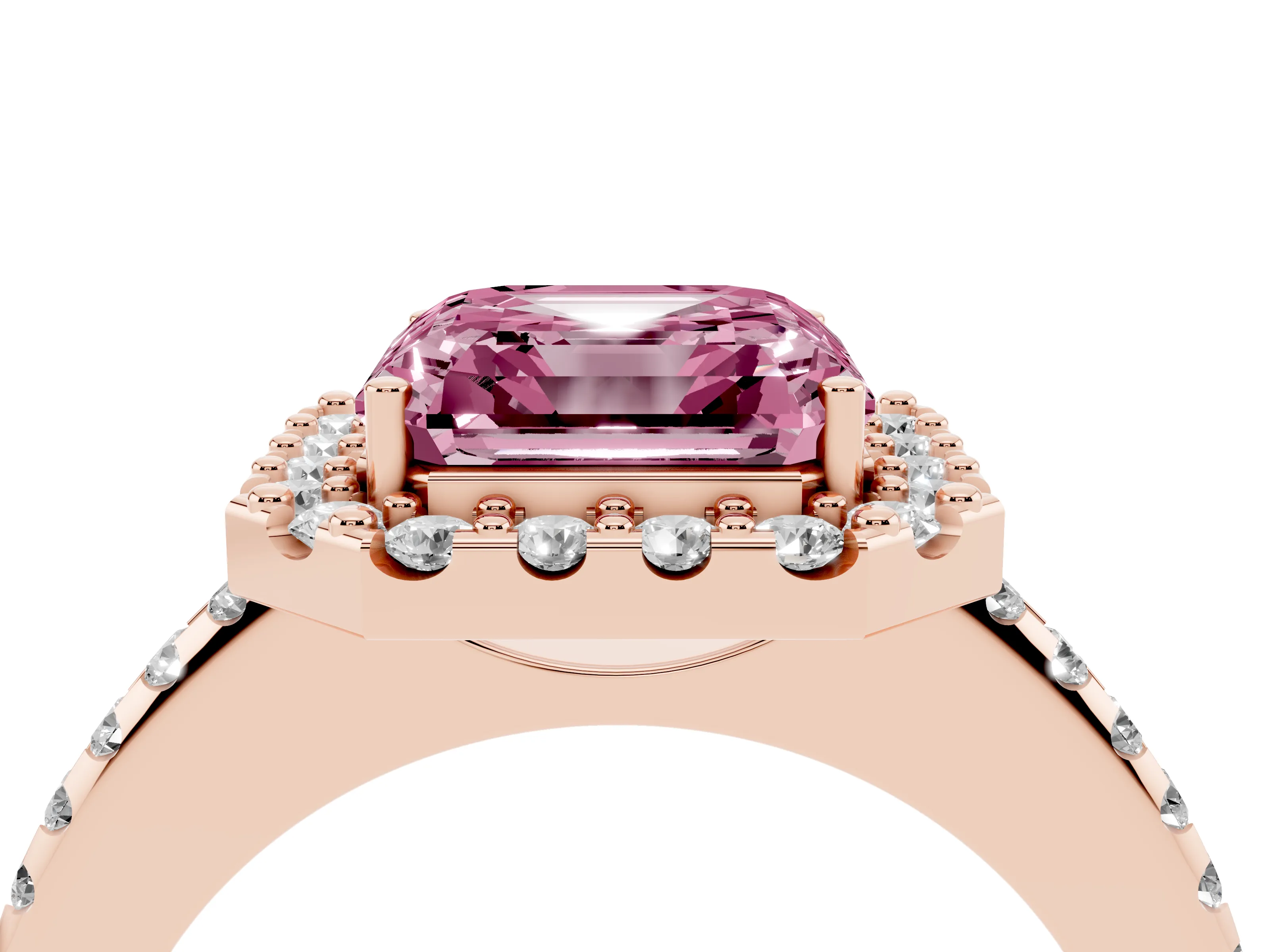 Fancy Pink Asscher Cut Diamond Pavé Halo Ring Set in Rose gold with Prong Setting