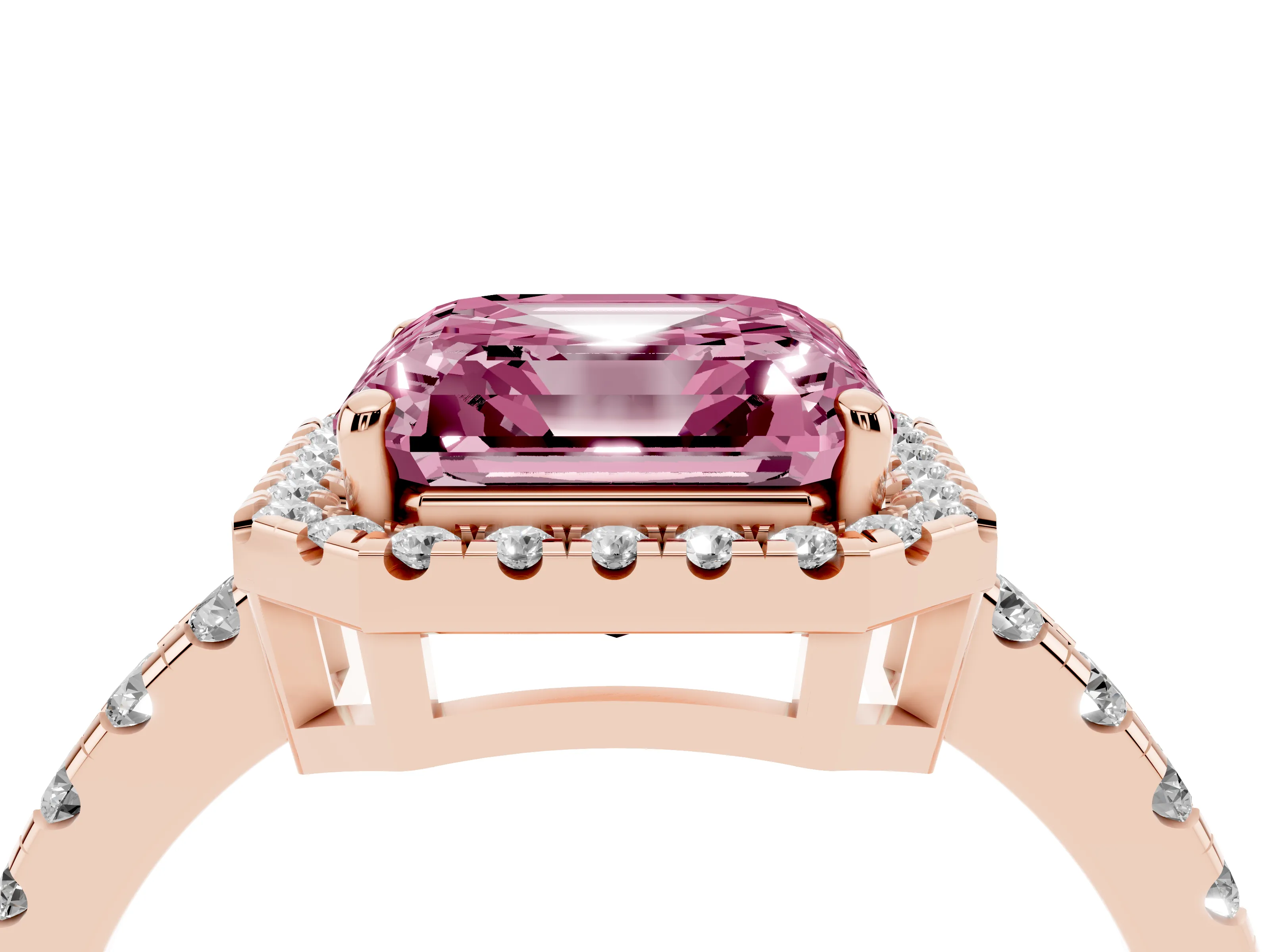Fancy Pink Asscher Cut Diamond Halo Ring Set in Rose gold with Delicate Pavé Band and Prong Setting