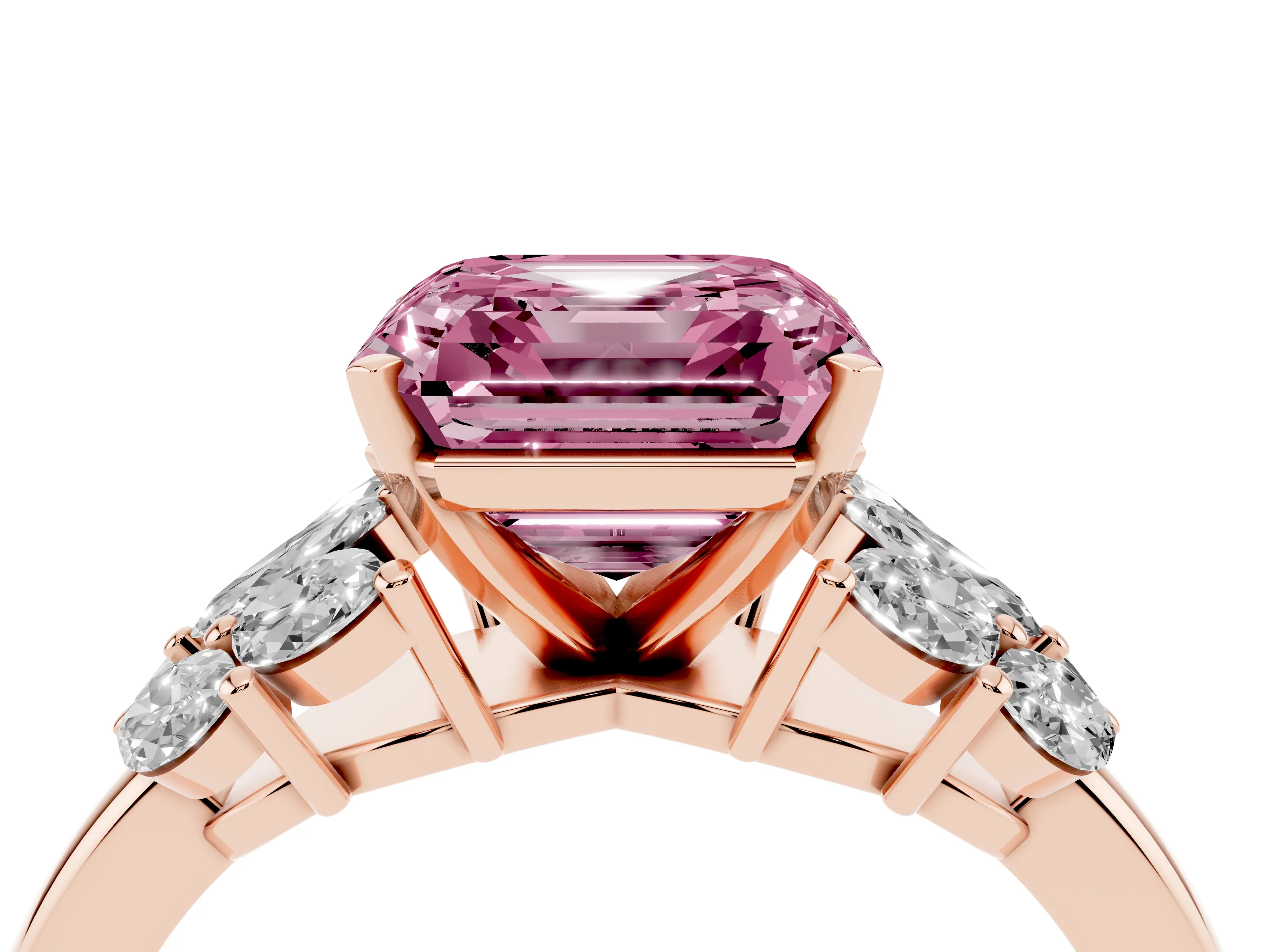 Fancy Pink Asscher Cut Diamond Cluster Leaf Design Ring Set in Rose gold with Prong Setting