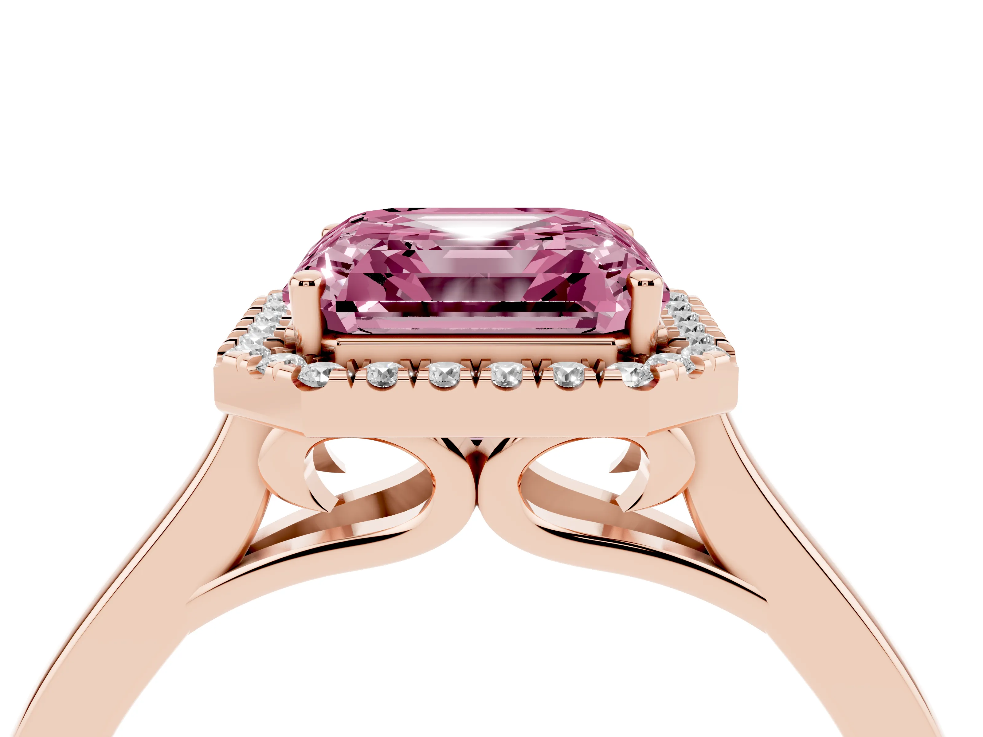 Fancy Pink Asscher Cut Halo Round Diamond Solitaire Ring Set in Rose gold with Pavé Band and Prong Setting