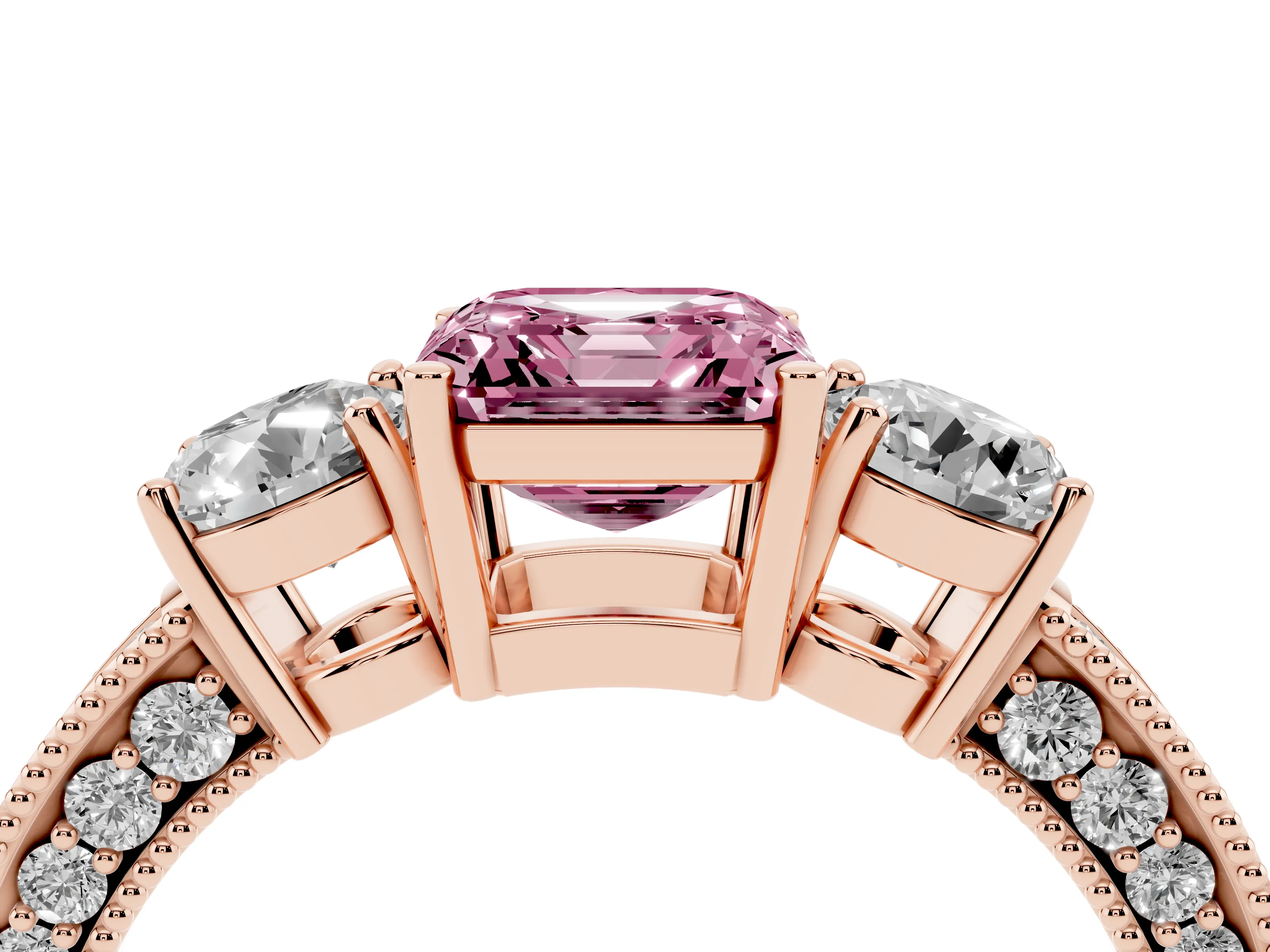 Fancy Pink Asscher Cut Diamond Three-Stone Ring Set in Rose gold with Round Side Stones and Pavé Band
