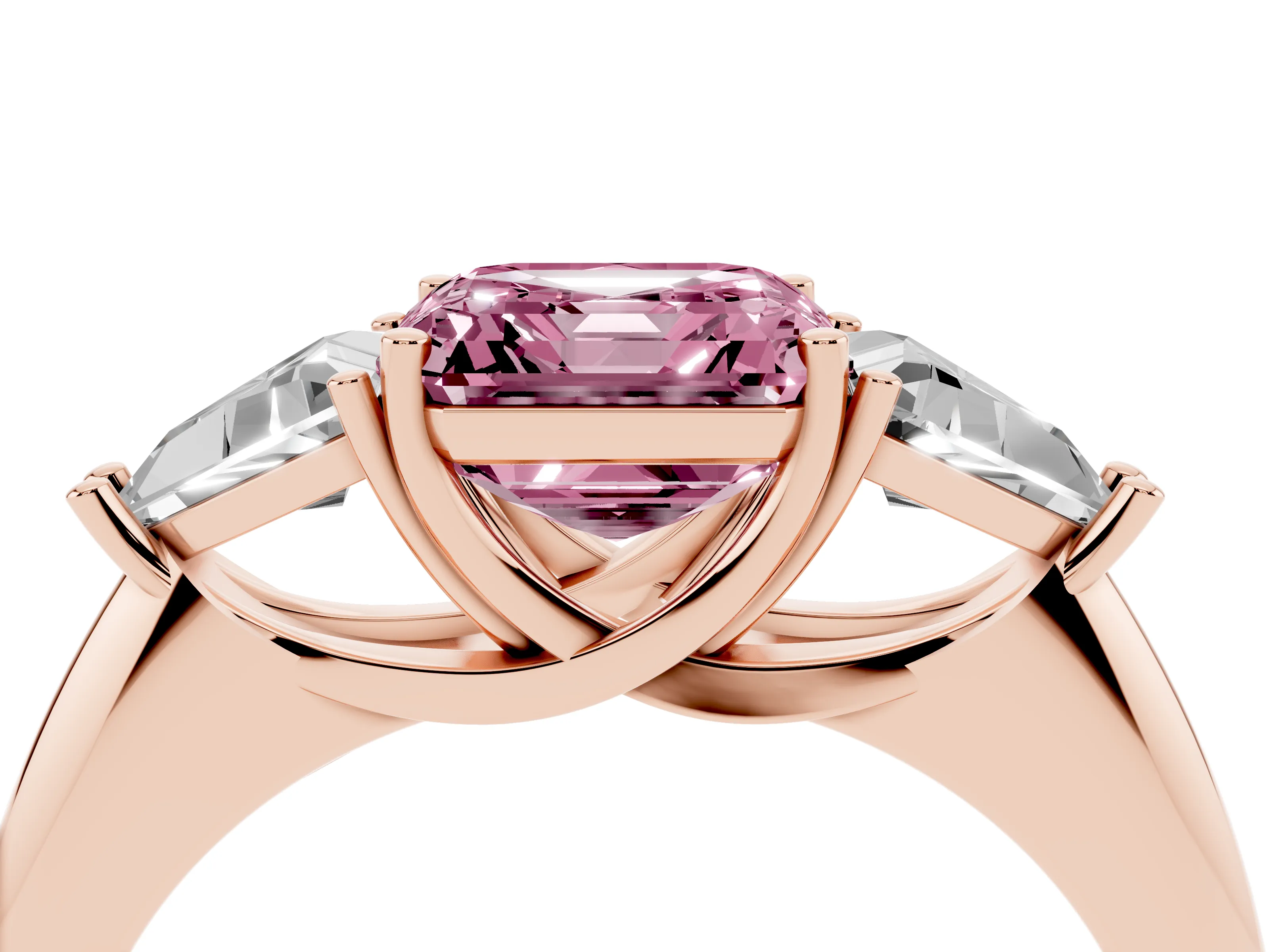 Fancy Pink Asscher Cut Diamond Three-Stone Engagement Ring Set in Rose gold with Trillion Side Stones