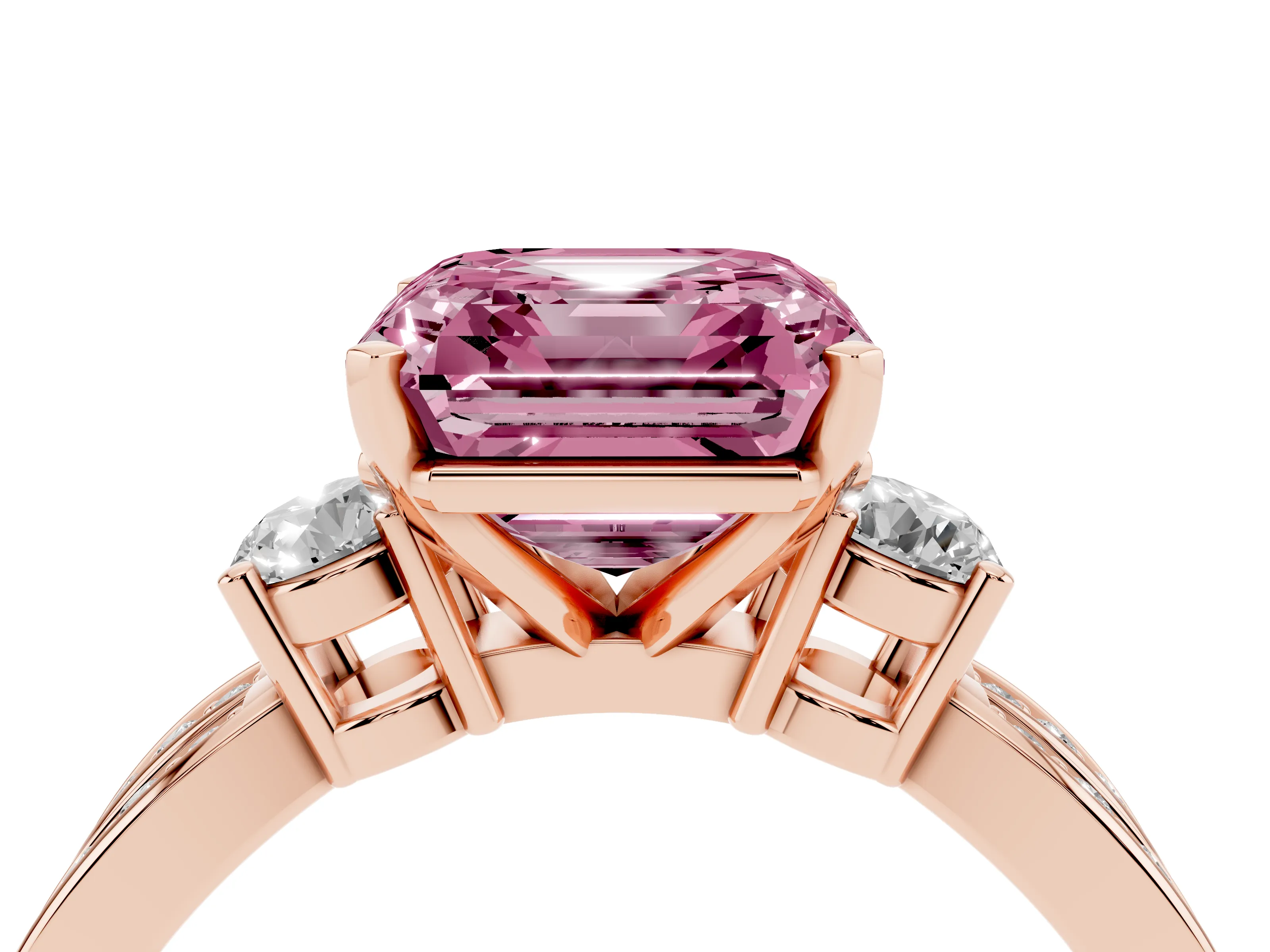 Fancy Pink Three-Stone Asscher Cut Diamond Twist Band Ring Set in Rose gold with Pavé Accents and Prong Setting