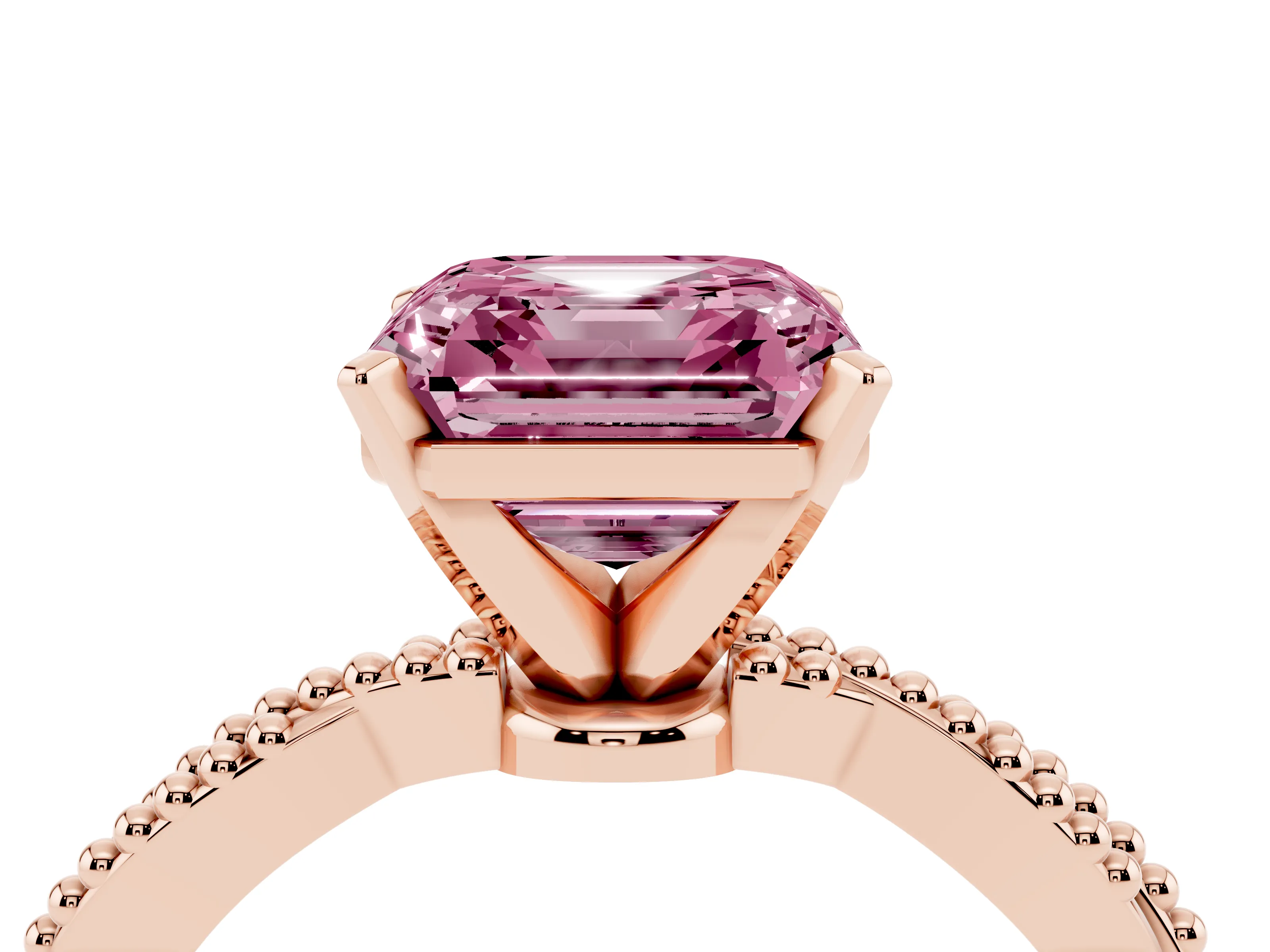 Fancy Pink Asscher Cut Diamond Solitaire Ring Set in Rose gold with Twisted Band and Bead Prong Setting