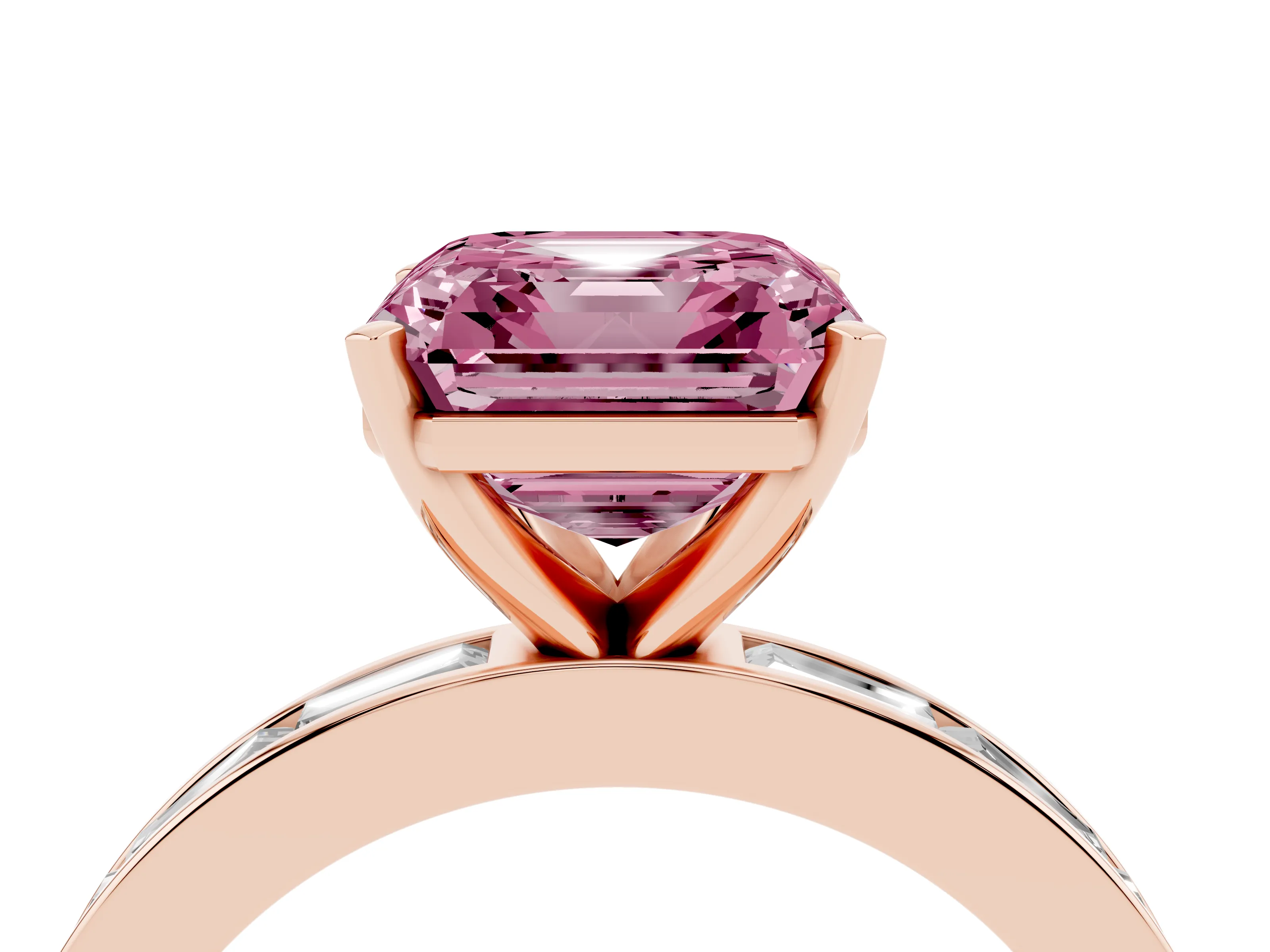 Fancy Pink Asscher Cut Diamond Solitaire Ring Set in Rose gold with Channel-Set Baguette Band and Prong Setting