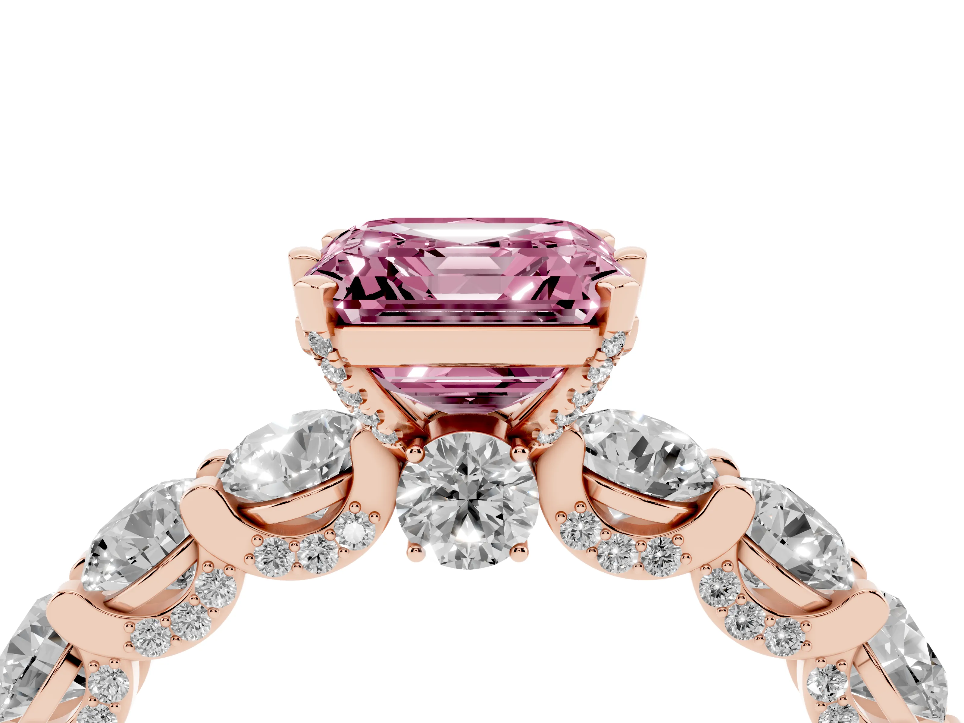 Fancy Pink Asscher Cut Diamond Side Stone Ring Set in Rose gold with Alternating Round and Oval Side Stones