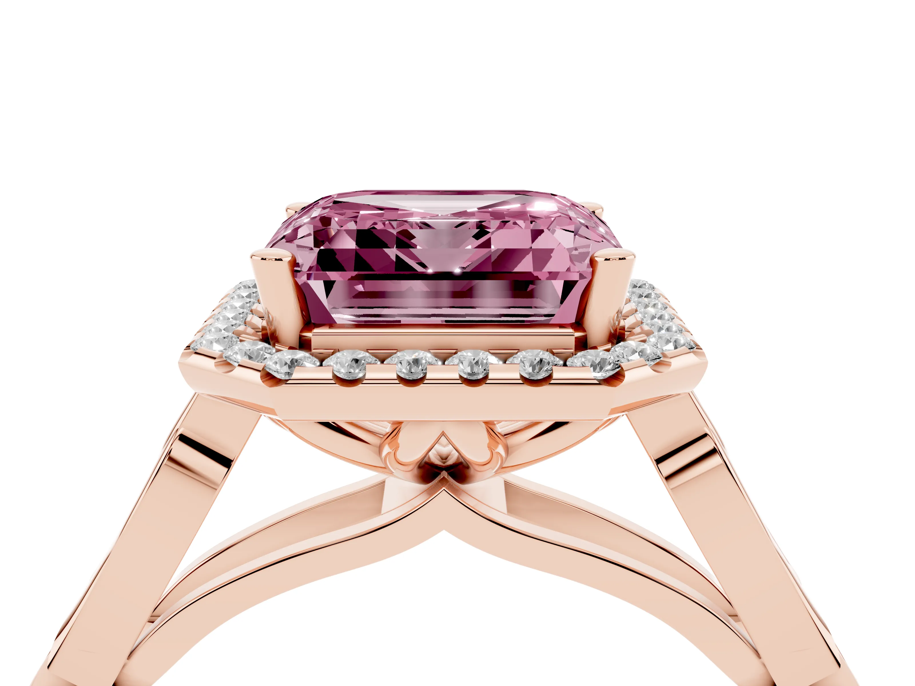 Fancy Pink Asscher Cut Diamond Halo Engagement Ring Set in Rose gold with Filigree Band and Prong-Set Center