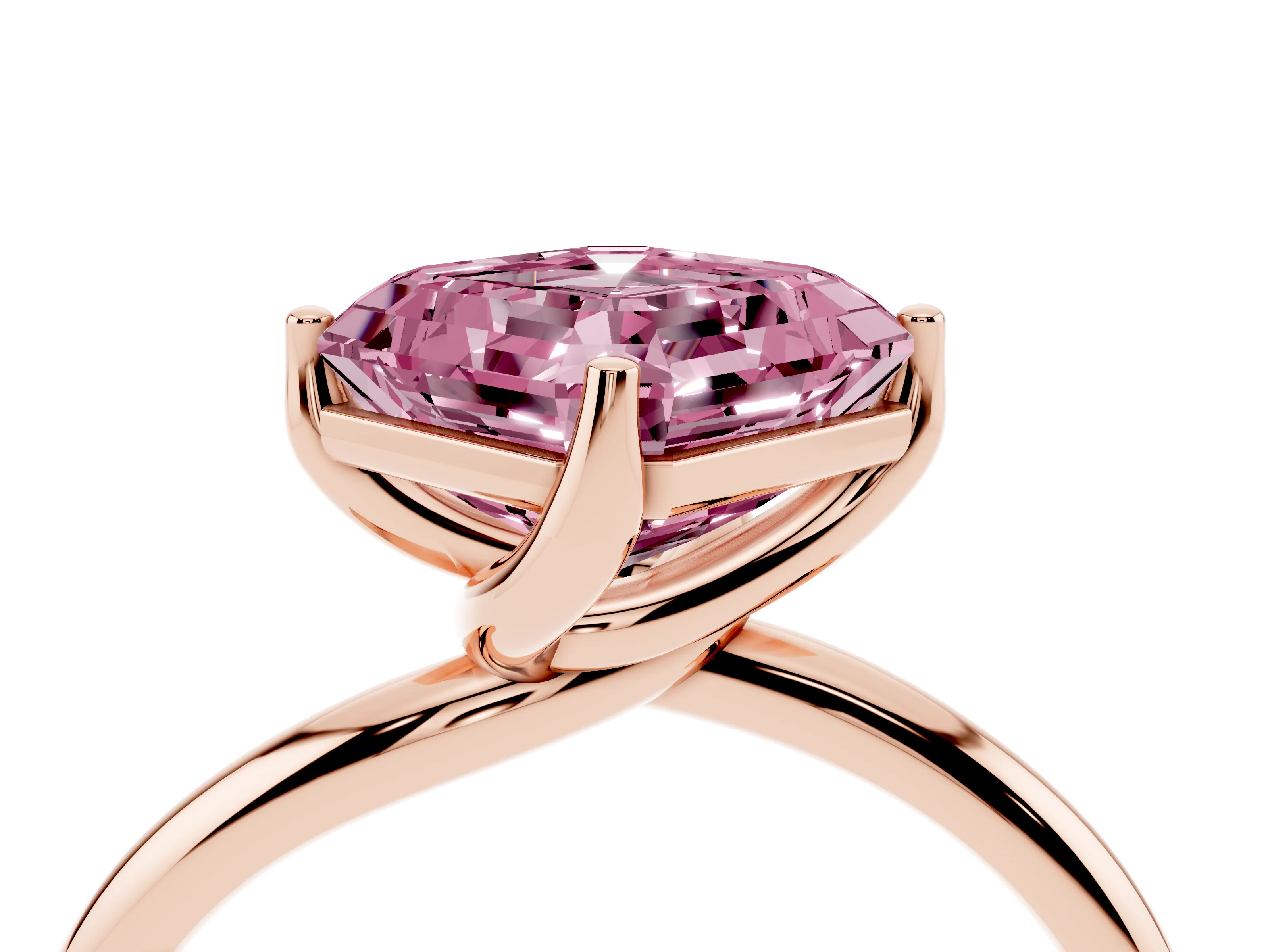 Fancy Pink Asscher Cut Diamond Solitaire Engagement Ring Set in Rose gold with Classic Plain Band
