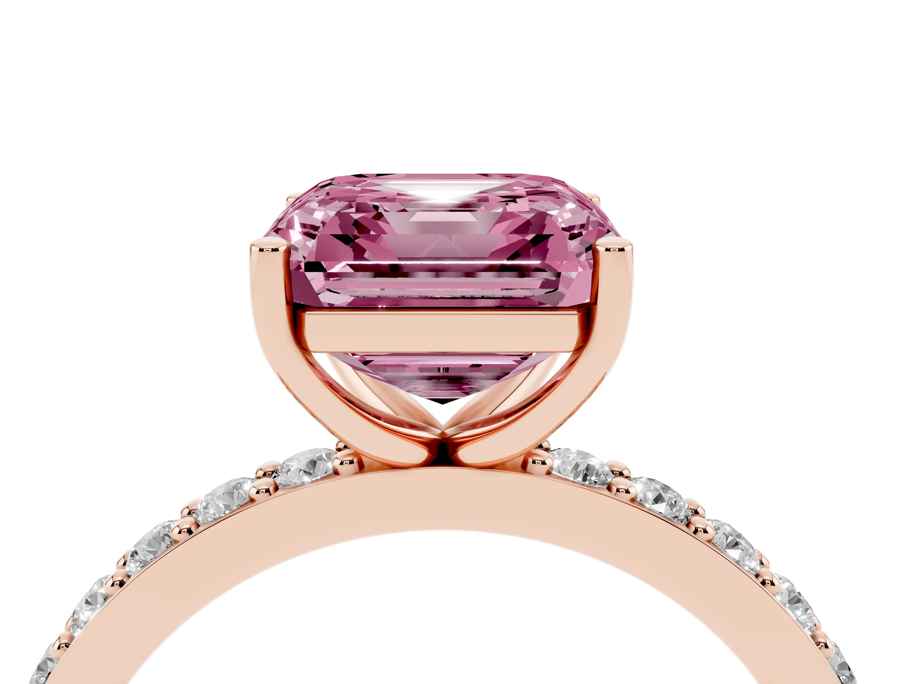Fancy Pink Asscher Cut Diamond Solitaire Set in Rose gold with Round Pavé Band and Prong Setting