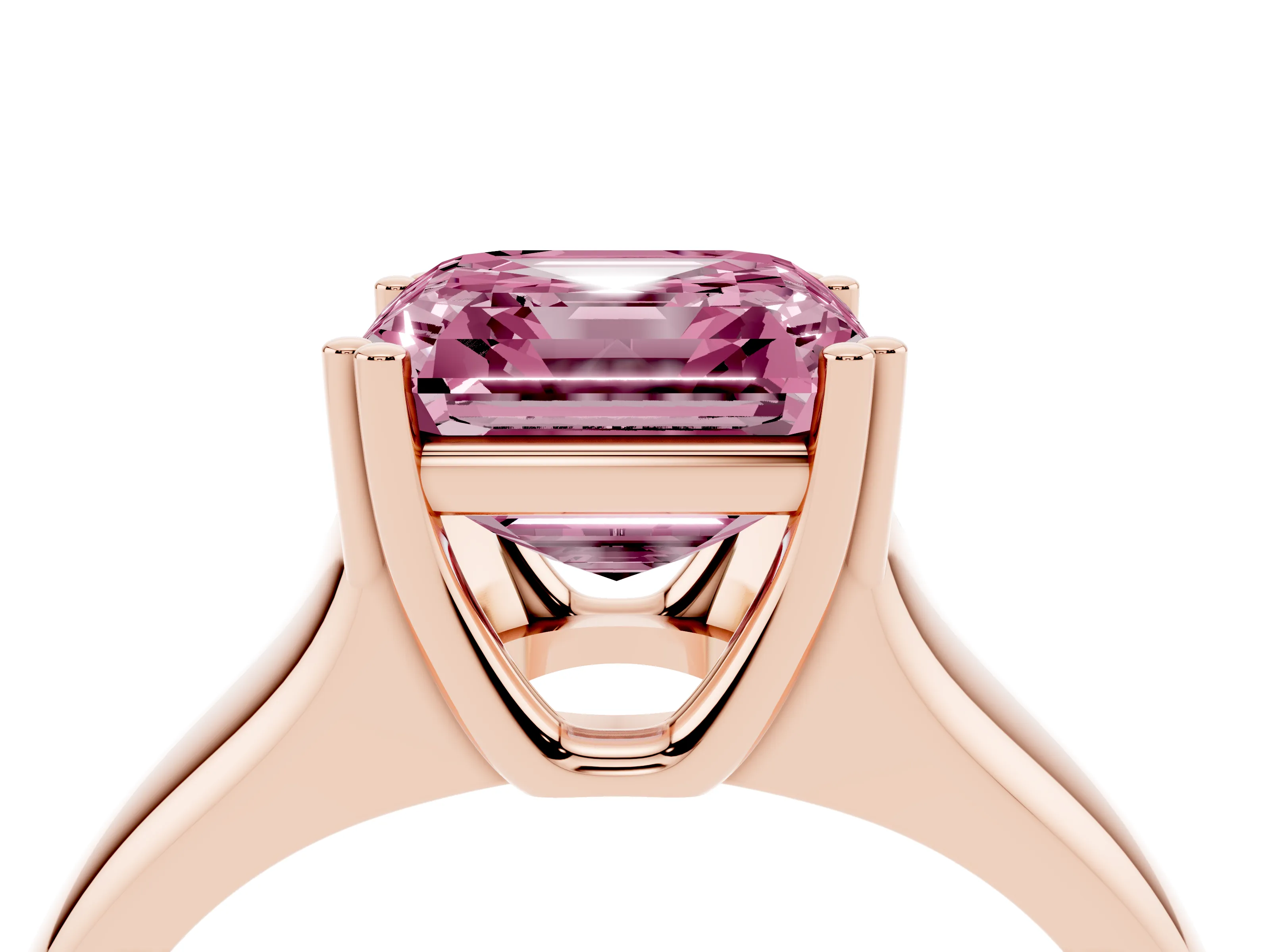 Fancy Pink Asscher Cut Diamond Solitaire Ring Set in Rose gold with Wide Band and Prong Setting